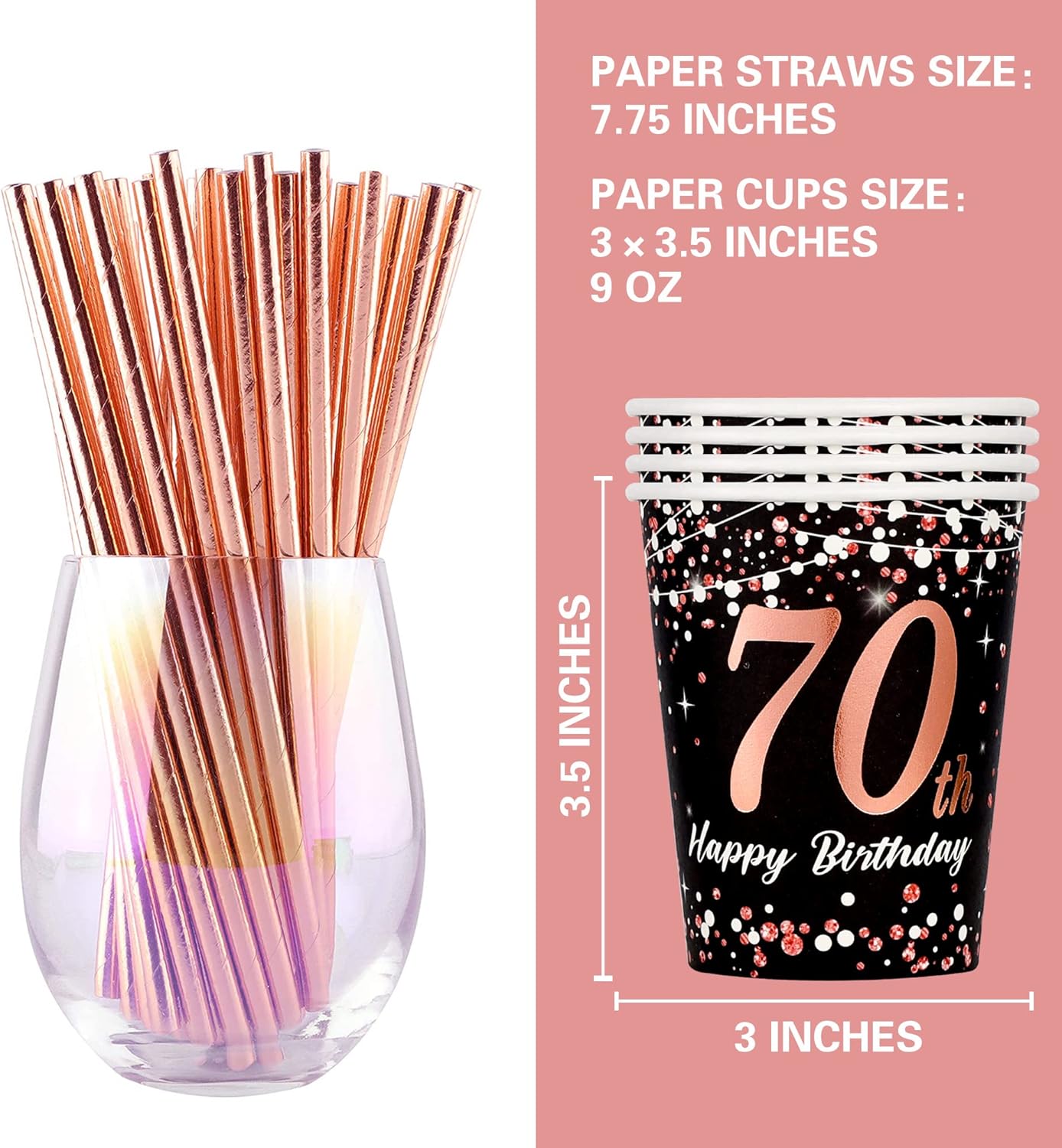 70th birthday decorations for women - (Total 121pcs) rose gold Birthday supplies Plates and Napkins, Cups, Straws, tablecloth, Disposable Tableware for 24 Guests