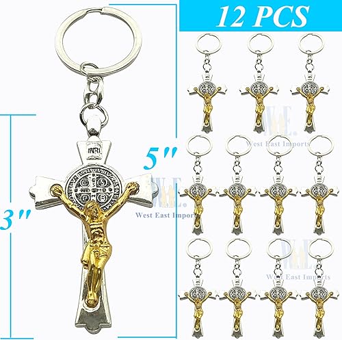 Miniatura 2 de 12 llaveros de San Benito para el bautismo, primera comunión, religioso, católico, regalo para escuela dominical, crucifijo de dos tonos, plata y
