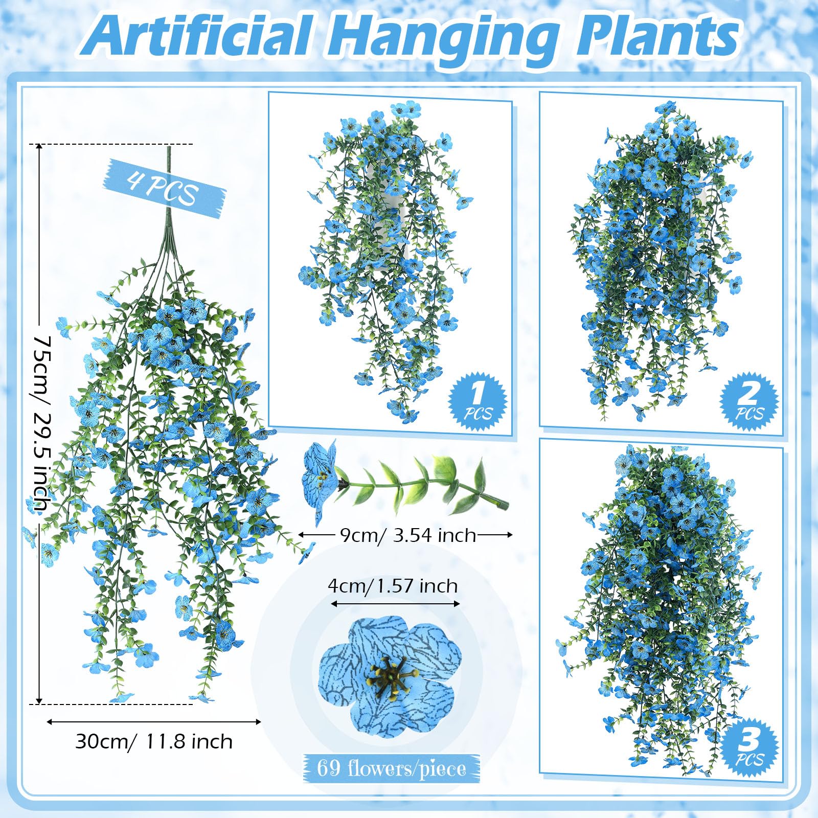 Thiccywoov Künstliche Hängeblumen, Eukalyptus-Ranke, künstliche Grünpflanze, Kunstseide, UV-beständig, für Außenwand, Garten, Zaun, Innenbereich, Hochzeitsbankett, Dekoration, Himmelblau, 4 Stück