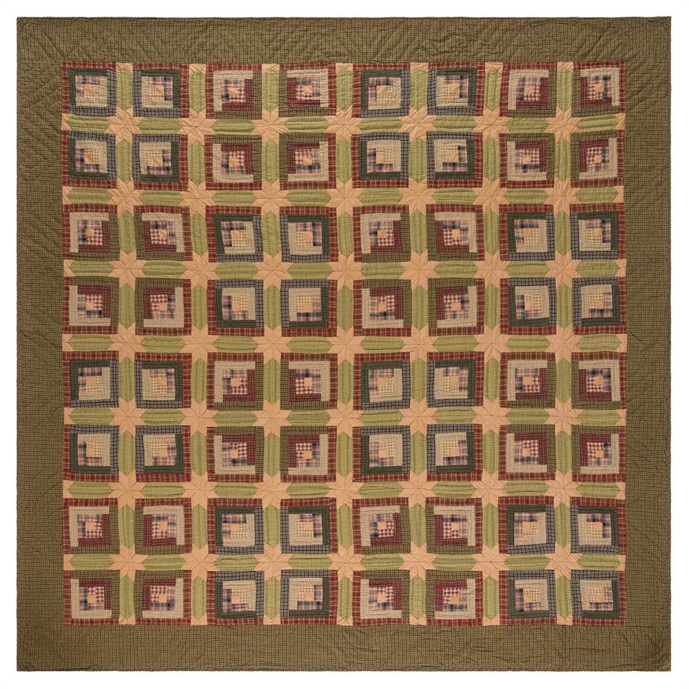 VHC Brands Tea Cabin Luxury King Quilt 120Wx105L Log Cabin Country Rustic Lodge Design, Moss Green and Deep Red