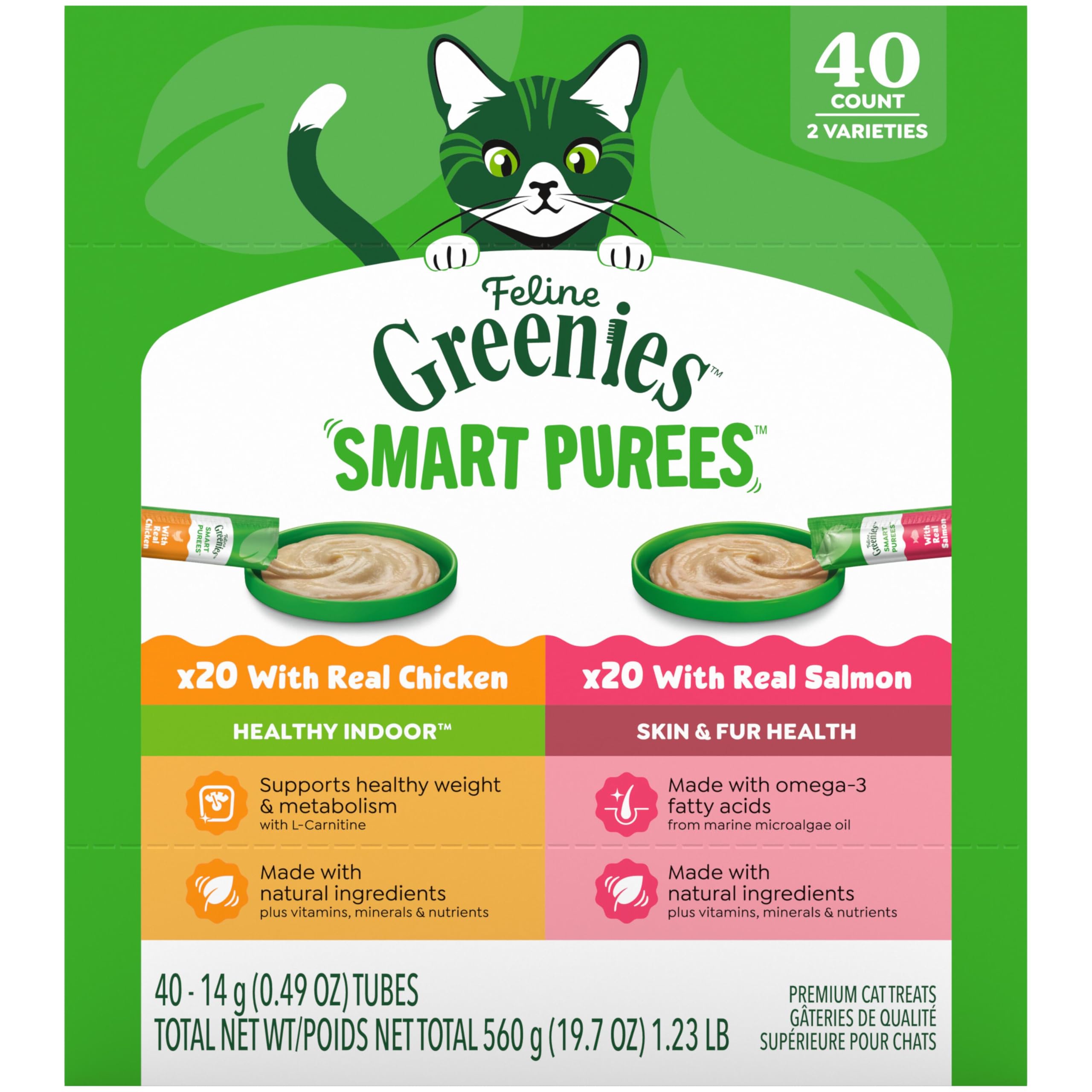 Greenies Feline Smart Purees Healthy Indoor and Skin & Fur Health Lickable Cat Treats, with Real Chicken, with Real Salmon, 0.49 oz. Tubes, 40 Count