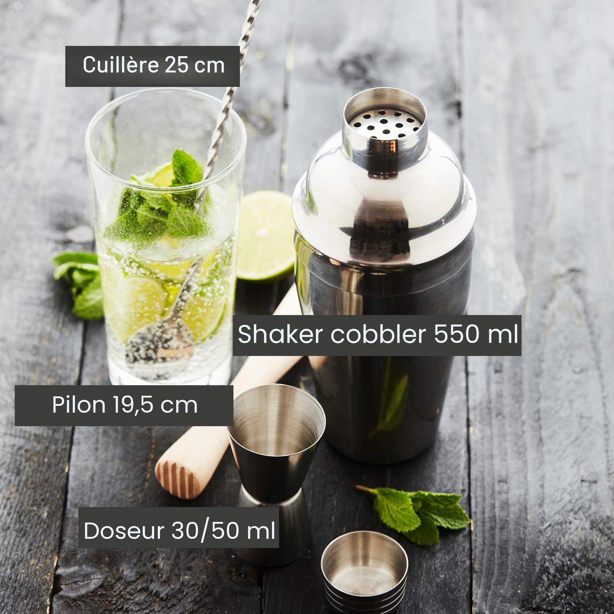 Point-Virgule Set à Cocktail avec Shaker Cocktail, Cuillère Cocktail, Doseur Cocktail et Pilon Cocktail, Cocktail Kit en Acier Inoxydable, 4 Pièces, Neutre | shaker inox • Acier inoxydable • Argenté • 10.5x10.5x3.2cm