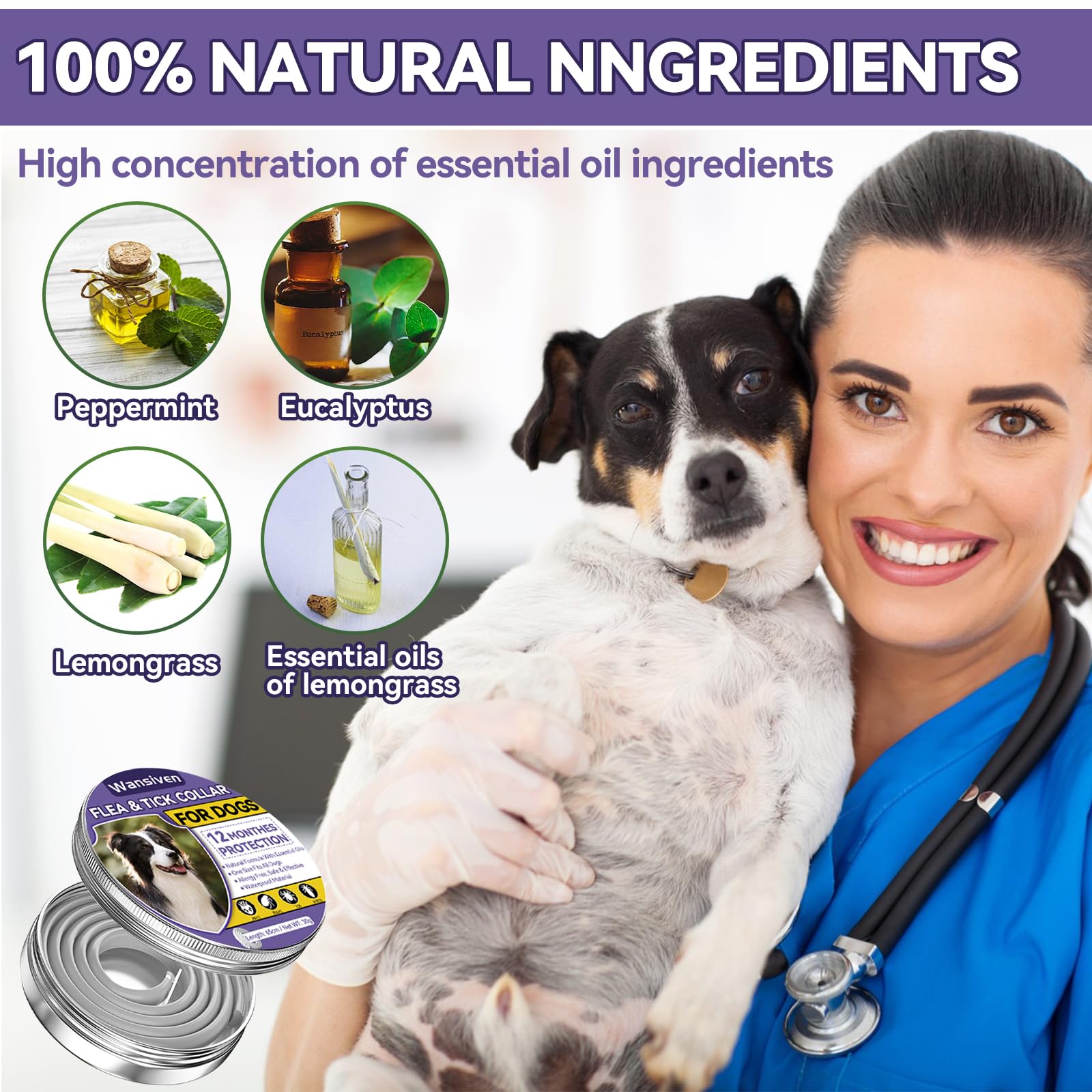 Wansiven Collari Antipulci per Cani, Collare Antipulci Regolabili da 65 cm, Protezione 12 Mesi