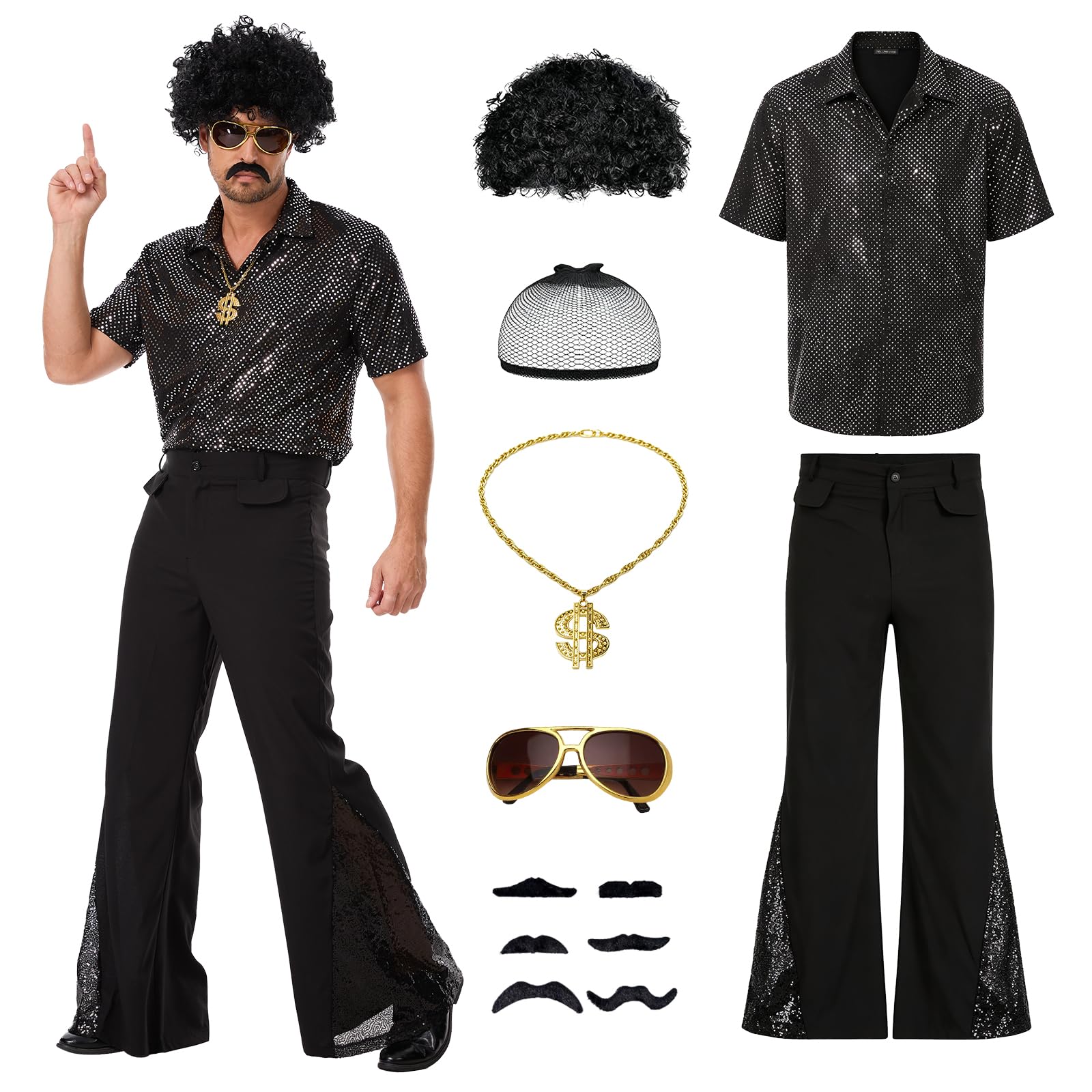 FJKVKDT 70s Disco Costume for Men - 7 Piece Set with Sequin Shirt, Flared Pants, Wig, Sunglasses, Dollar Necklace & Fake Mustaches - Halloween Retro Party Outfit (Black, XXL)