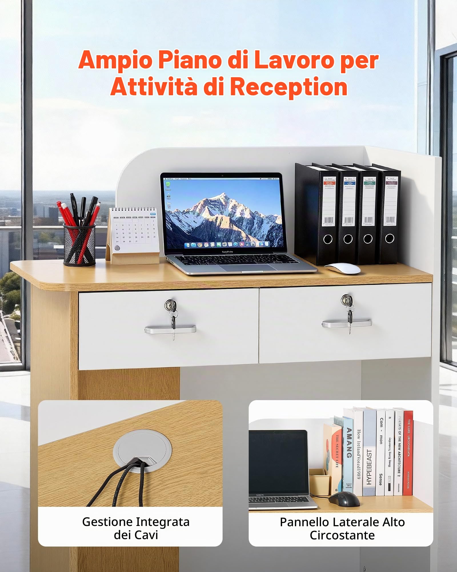VEVOR Bancone Reception Lungo 80 cm Rettangolare con Illuminazione a LED, 2 Cassetti e Prese, Moderno per Cassiere, Hall, Salone di Bellezza, Ufficio, Hotel, Bancone Vendita, Truciolato