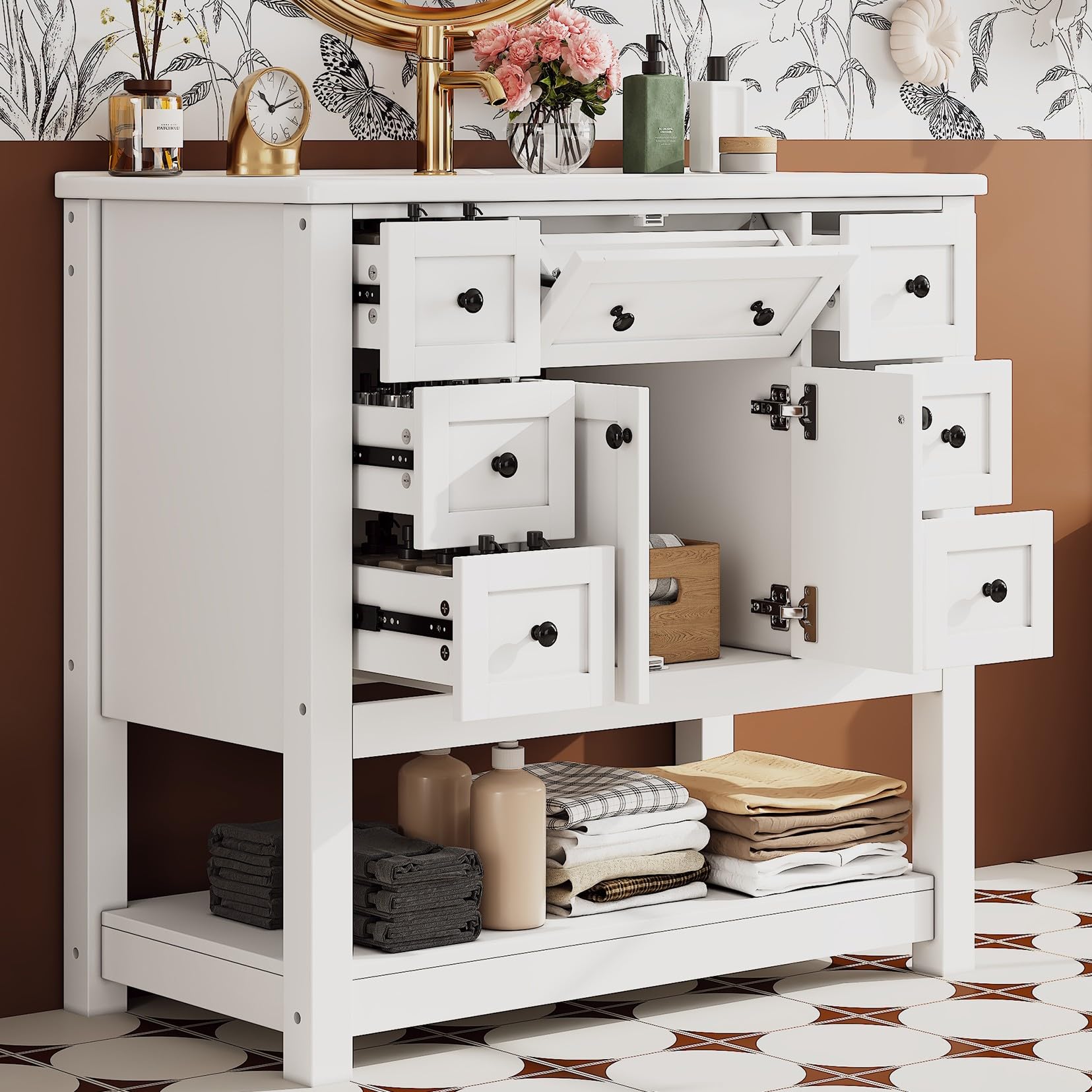Mueble de baño para solucionar la falta de espacio con lavabo y seis cajones