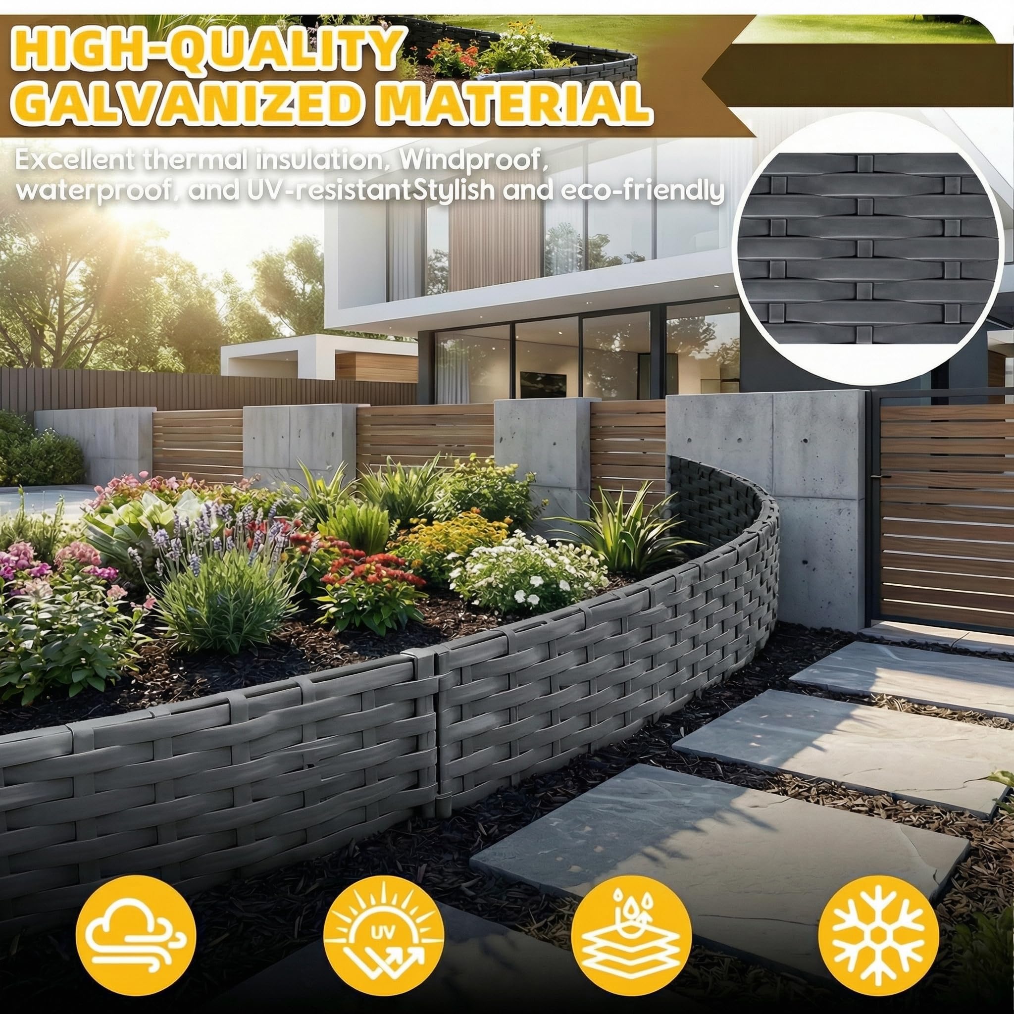 Bordure de Jardin Imitation Rotin 10 m, Lot de 10 Panneaux, Clôture Extérieure Flexible et Décorative, Installation Facile pour Gazon, Allée, Anthracite