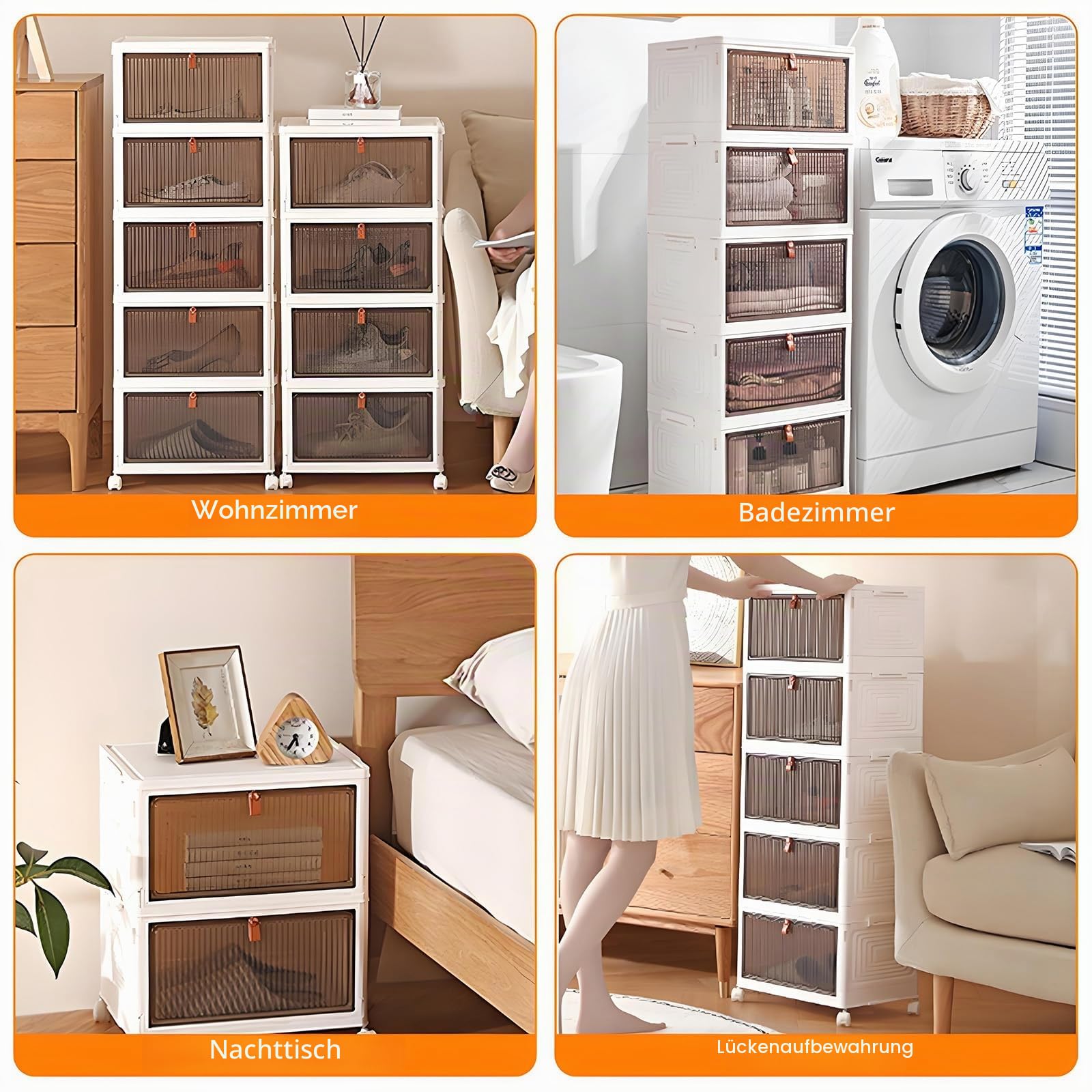 Staubdichte Aufbewahrungsbox, Kunststoff Nachttisch auf Rollen, weißer Schrank für Kleidung/Schuhe Aufbewahrung von Büchern/Spielzeug/Snacks Organizer (4 Etagen)