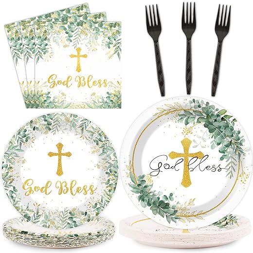 God Bless Plates and Napkins Baptism Tableware First Holy Communion Tableware Mi Bautizo Eucalyptus Leaves Sage Disposable Paper Dinnerware for Christening Celebration Baby Shower Supplies 24 Guests