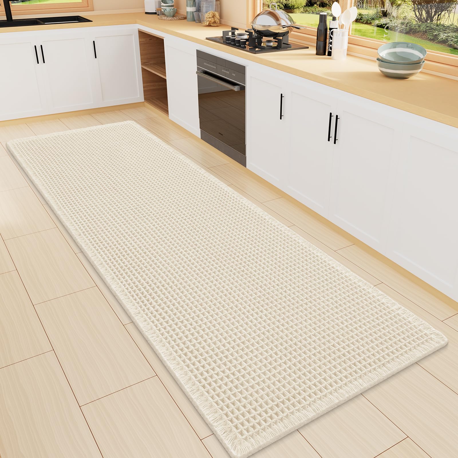 Smiry Waffle Bath Mat 47X16, Soft Absorbent Bathroom Rugs, Cream Beige
