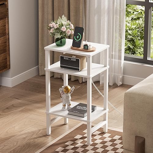 Miniatura 2 de Mesa auxiliar de 3 niveles con estación de almacenamiento y carga rápida, mesita de noche alta y estrecha con puerto tipo C y puerto USB, mesa