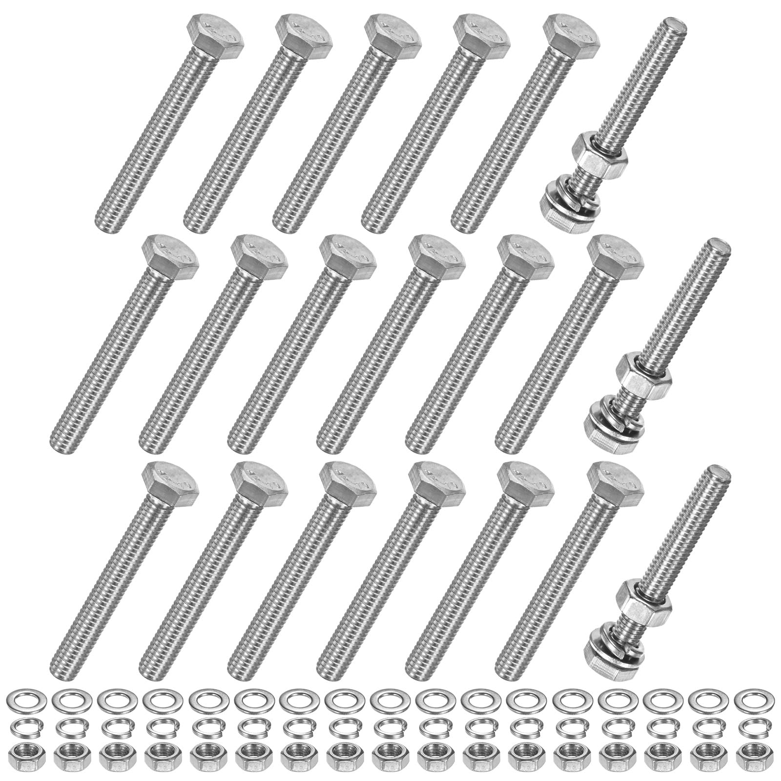 M METERXITY 20-Pack Hex Head Screw Bolt with Nuts Flat & Lock Washers M6x45mm Stainless Steel Bolts and Nuts Kit Fully Threaded Metric Bolt Assortment for Equipment/Machinery
