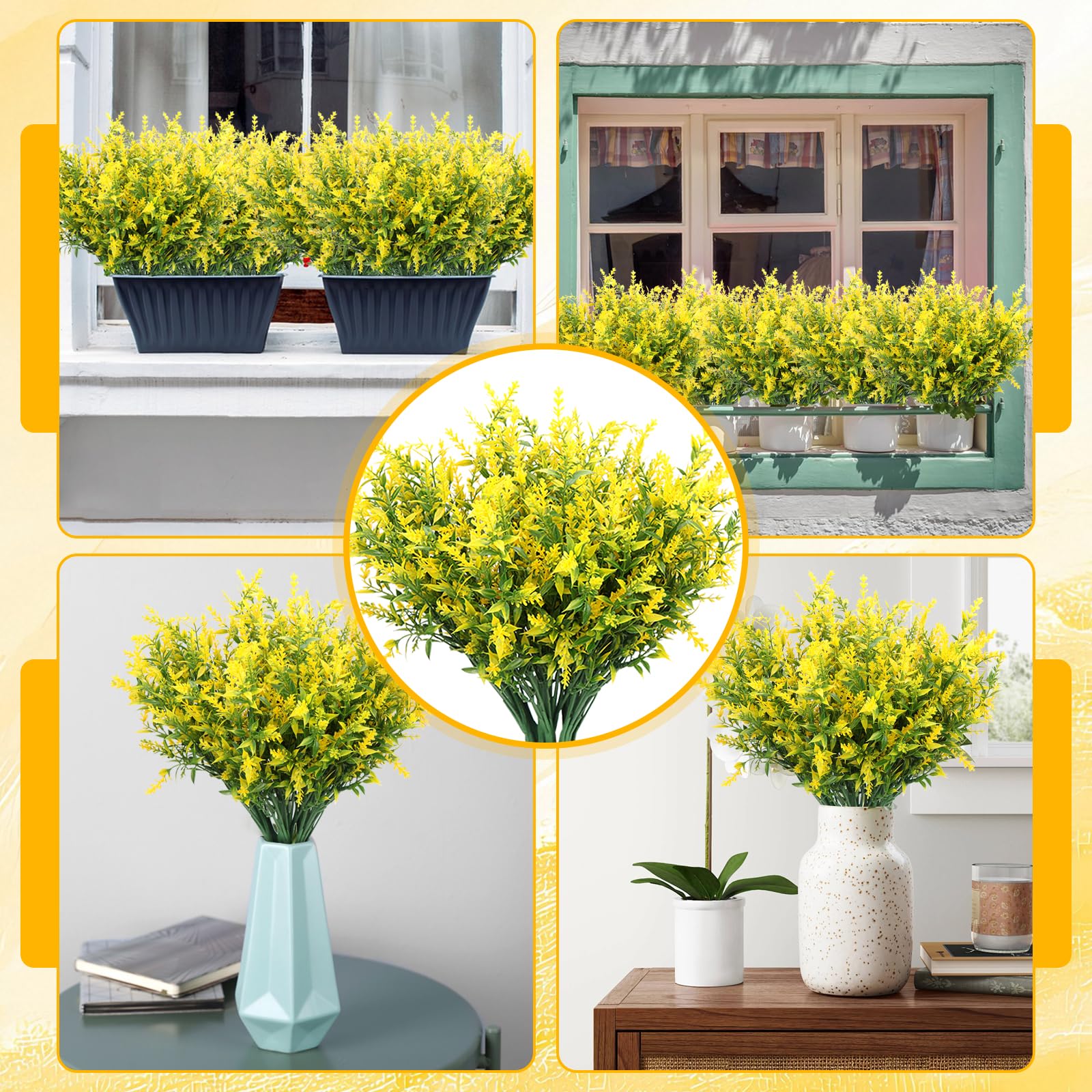 Ramos de Flores Artificiales Decoracion 10 Pieza Plantas Artificiales Decorativas Arbustos Artificiales Flore de Plastico para Cementerio Lavanda Artificial para Interior Exterior Jardín (Amarillo)