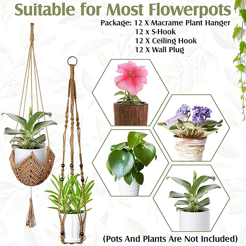 Miniatura 5 de Hoteam 12 piezas de macramé para plantas, macetas colgantes de macramé para plantas de interior, hechas a mano, soporte bohemio para plantas
