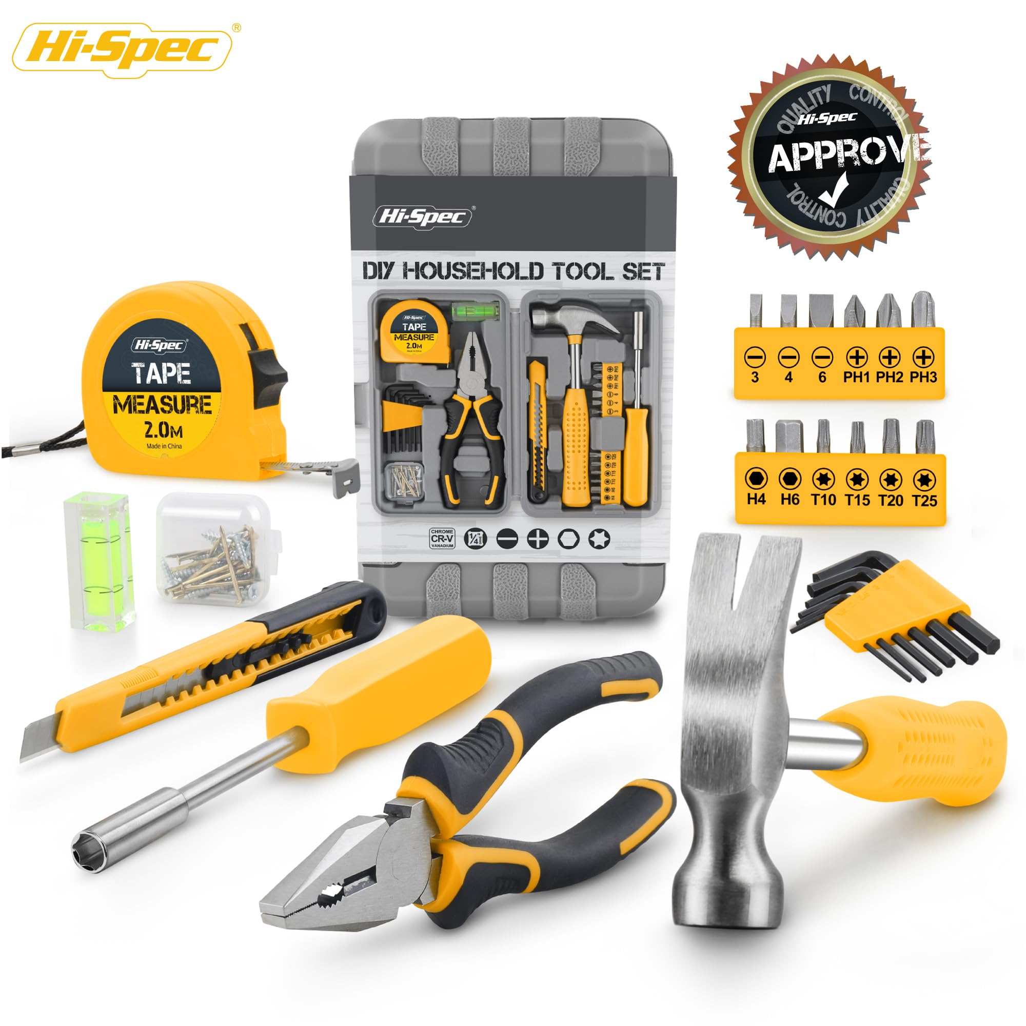 Hi-Spec Set Attrezzi, Cassetta Attrezzi Completa Compatta per Casa e Ufficio, Kit Fai da Te per Riparazioni Domestiche di Base, 25 Pezzi in Valigetta Portatile, Giallo