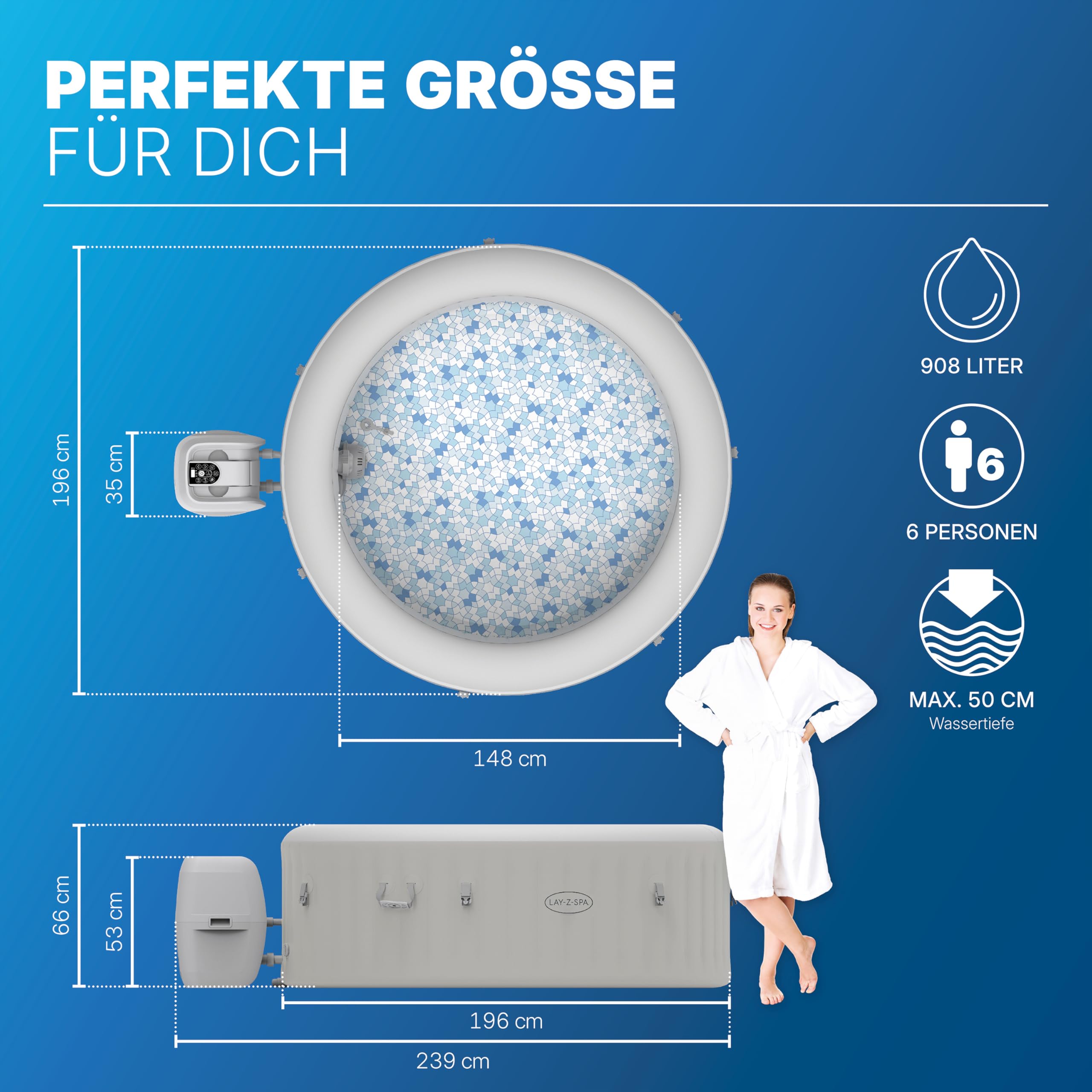 Bestway Lay-Z-SPA Paris AirJet LED-Whirlpool Ø 196 x 66 cm – Aufblasbarer Spa für 6 Personen mit 140 Düsen, beheizbar bis 40°C, stimmungsvolle LED-Beleuchtung für den Garten
