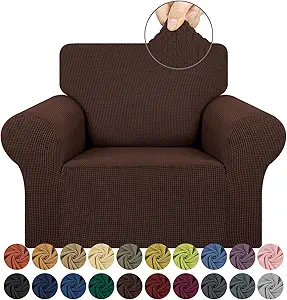 KEKUOU Stretch Single Sofa Slipcover 1 Piece Couch Sofa Cover (31"-55") Furniture Protector 1 Seater Sofa with Elastic Bottom for Kids,Pet.Jacquard Small Checked Pattern Fabric(Small,Chocolate)