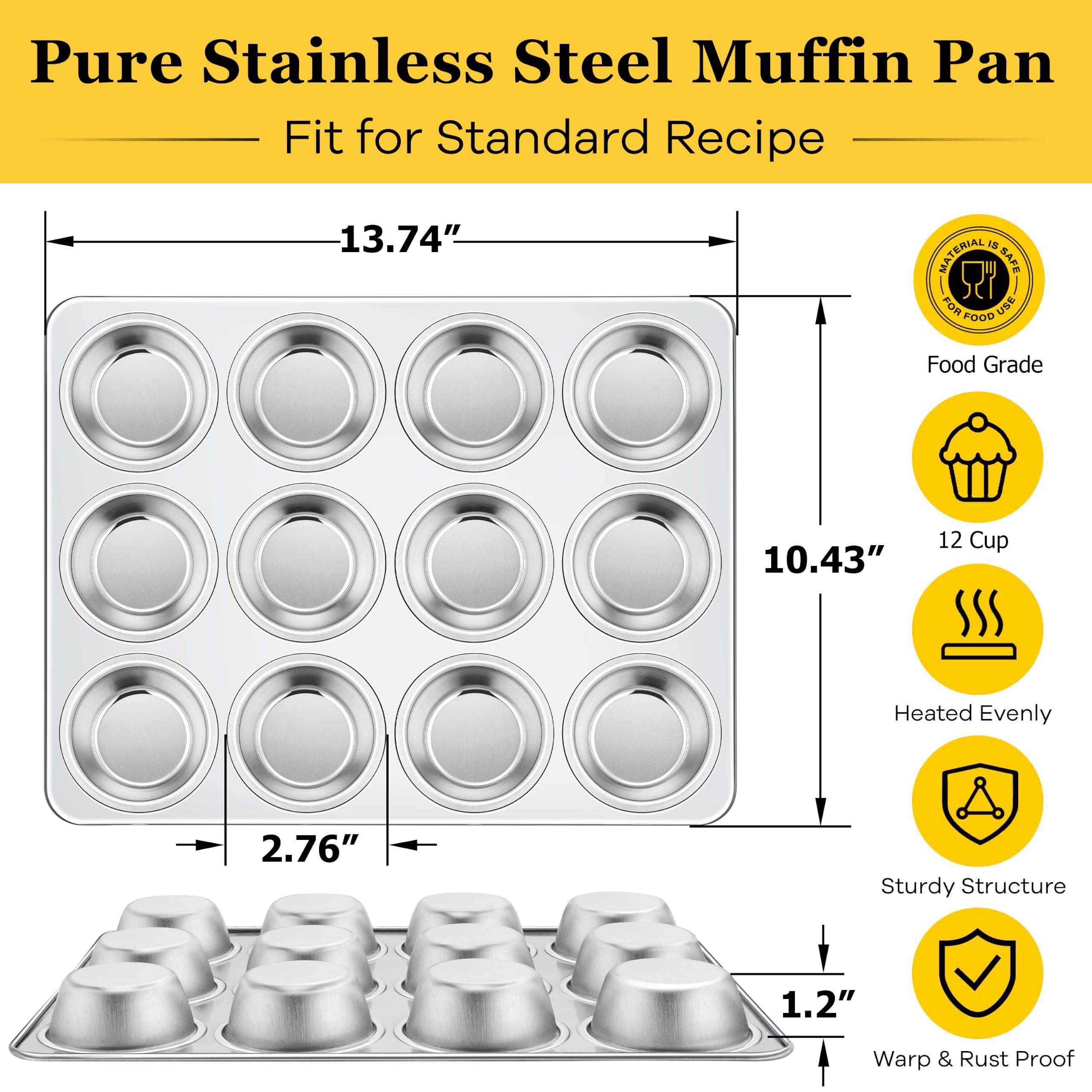Homikit Lot de 2 moules à muffins en acier inoxydable avec 12 tasses de taille standard, plateau anti-adhésif en métal pour la cuisson, non toxique et antirouille, passe au four et au lave-vaisselle