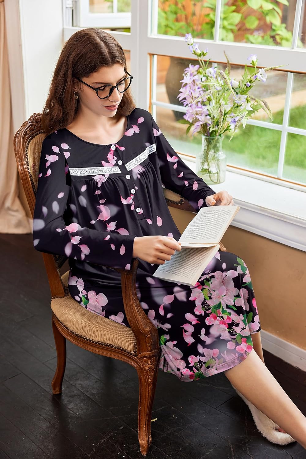 Ekouaer Nightgowns for Women Long Sleeve Sleepshirt Button Nightshirt Floral Sleepwear Night Dress with Pockets S-XXXL - Image 4