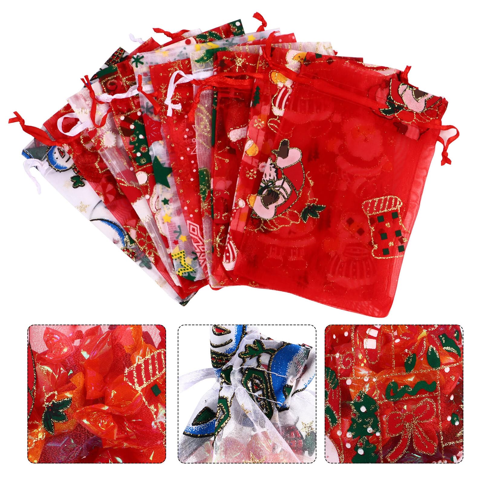 SHOWERORO Bolsas de Organza para Regalos Navideños 50 Unidades 10X15 CM con Cordón Cierre Mezcla 3 Diseños de Copos de Nieve Estrellas Papá Noel y Renos Bolsa para Dulces y Decoración