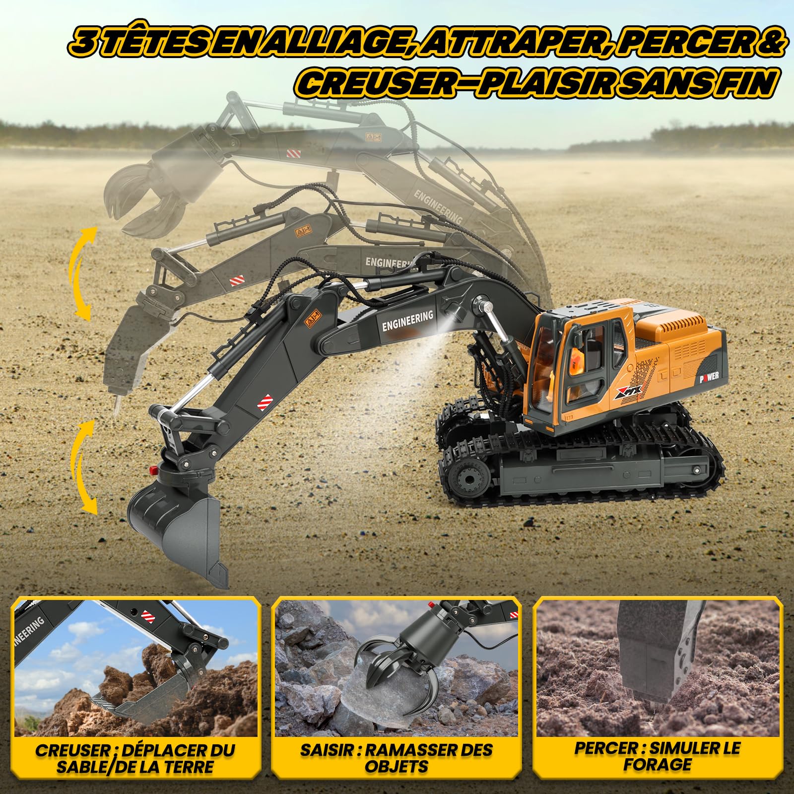 Charmofun Pelleteuse Télécommandée 3-en-1, 2,4GHz RC avec 3 Têtes Métalliques, Cabine Pivotante 680° avec Lumières et Musique, Jouet Engin de Chantier Cadeau Enfant 3-12 Ans