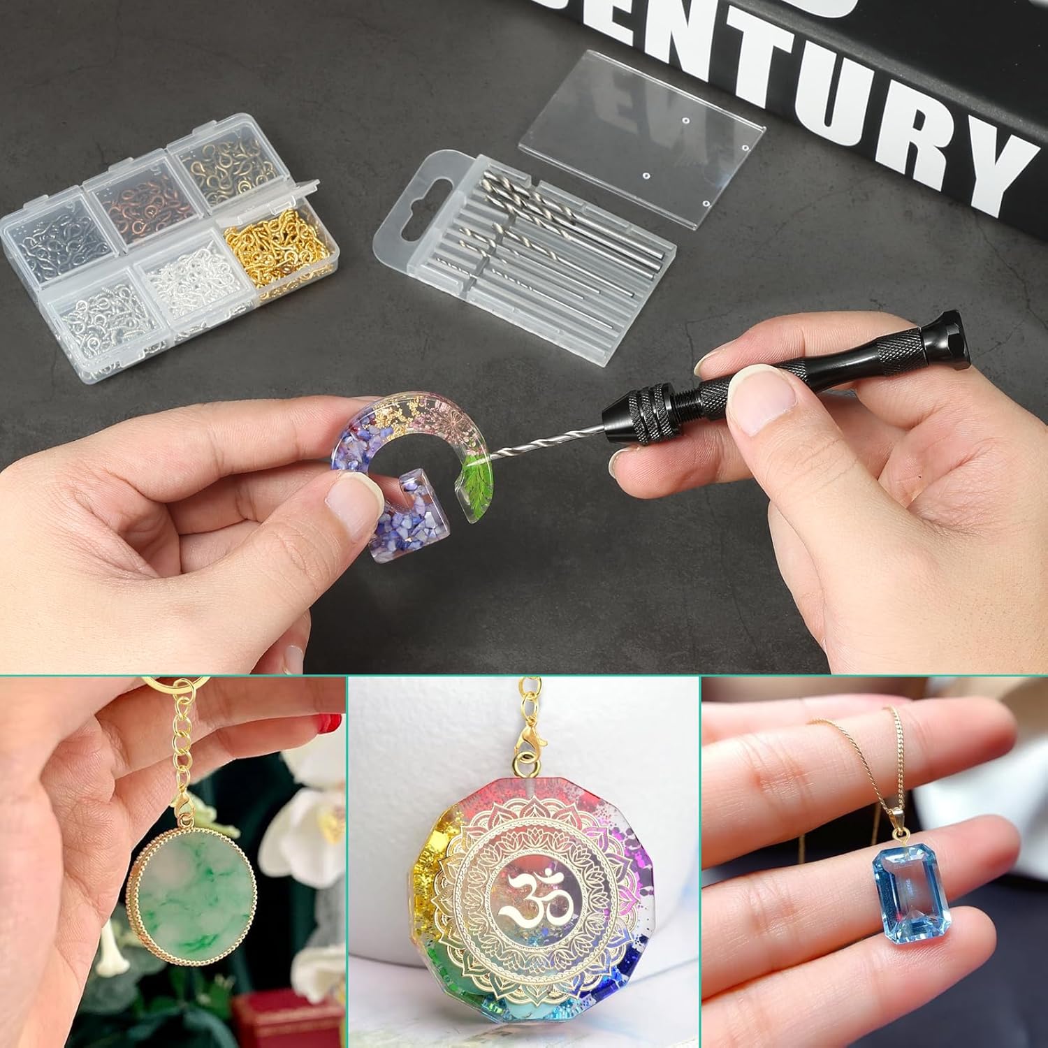 Hand Drill Set for Resin Crafts, Pin Vise Jewelry Making Kit with 10 Drill Bits, 600 Eye Screws, 15 Keychain Rings – Push Drill Tool for Epoxy, Molds, DIY Projects (Pin Vise Hand Drill Set - 1)