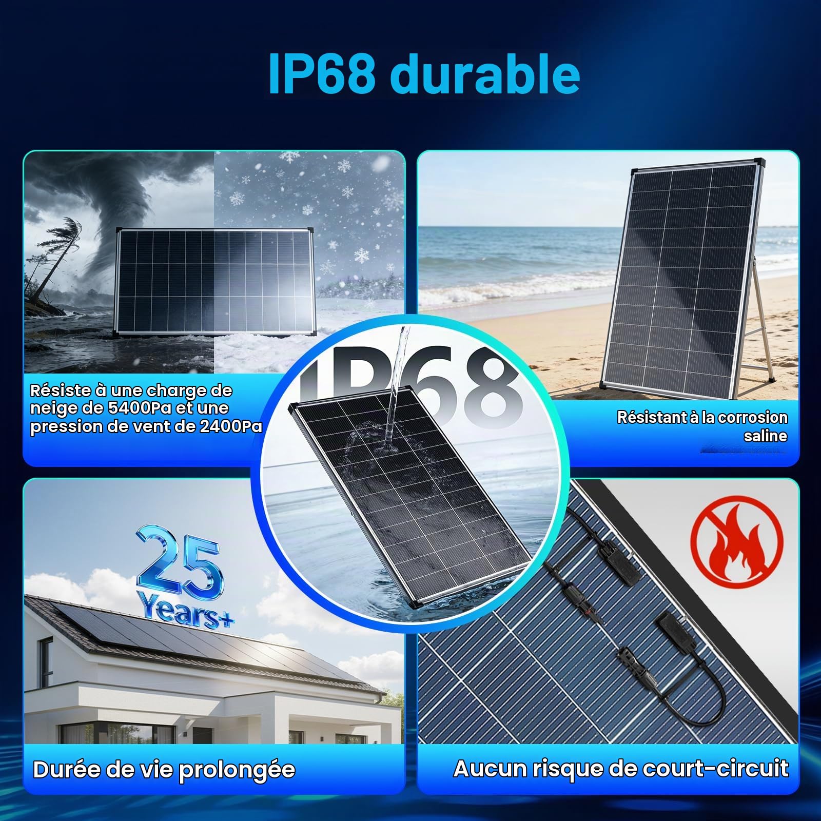 Panneau solaire 400W (2x200W) bifacial 12V, 18BB A+ module solaire monocristallin de type N, IP68, 25% haute efficacité, 18V pour 12V Batterie, toit camping-car bateau ferme hors réseau (144x67cm)