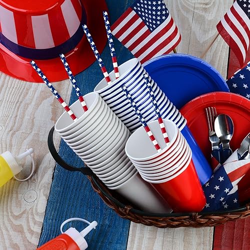 Miniatura 5 de AnyDesign 200Pcs Patriotic Paper Straws American Flag Printed Disposable Straws 4th of July Drinking Straws for Independence Day Memorial Day Party