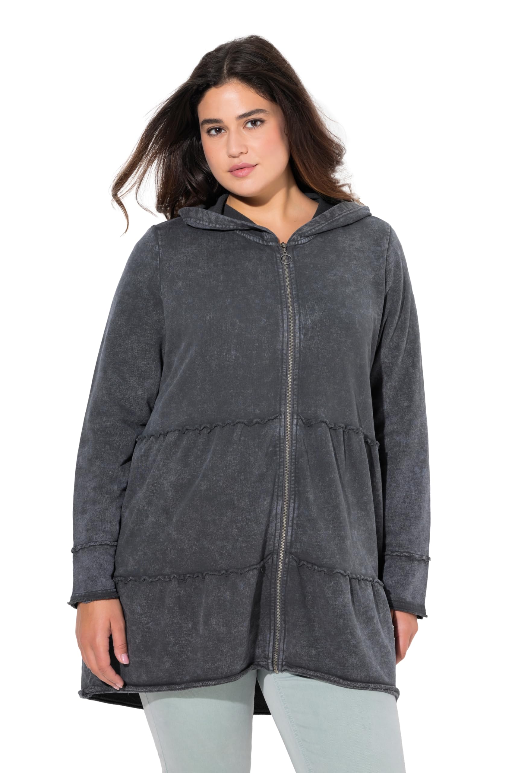 Ulla Popken Damen große Größen Übergrößen Plus Size Long-Hoodiejacke, Vintage-Look, A-Linie, Kapuze 834612