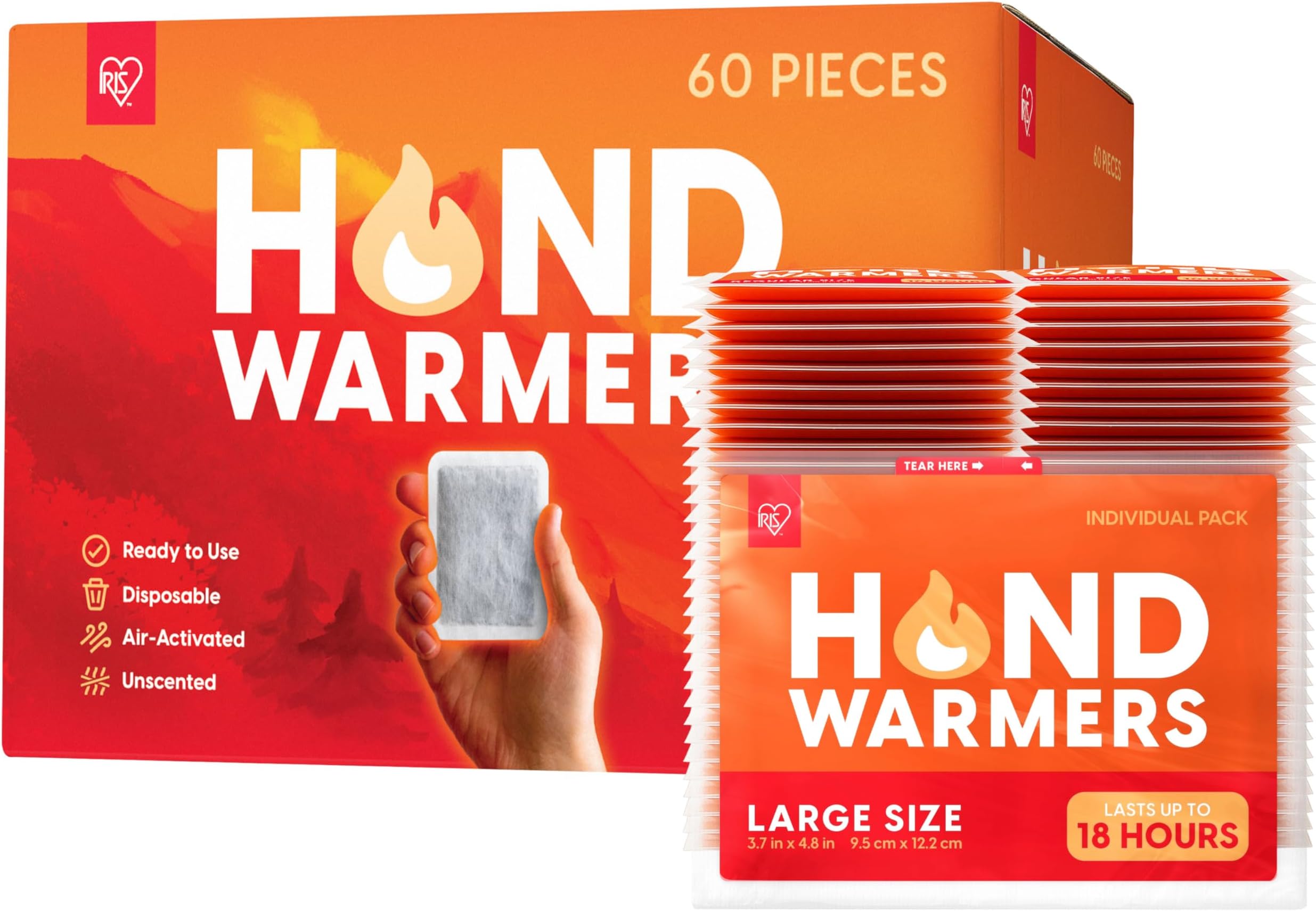 IRIS USA Hand Warmers – Large, 60 Individual Warmers, Long-Lasting Up to 18 Hours for Warm and hot Hands - On The Go, Disposable, Handwarmers for Hands and Feet, Winter Essentials, White