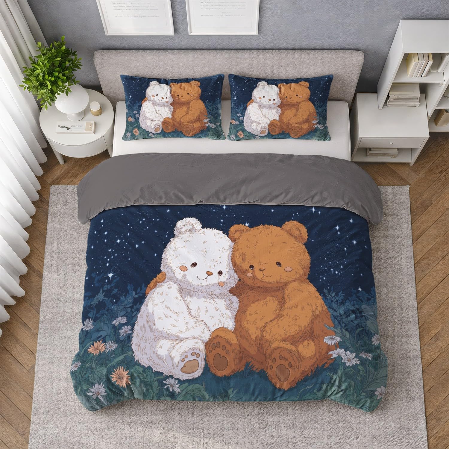 Poszwa na kołdrę 180 x 220 cm dziecięca anime - zestaw pościeli z miękkiej mikrofibry biały brązowy uroczy miś odwracalne kwiaty, dla nastolatków z zamkiem błyskawicznym 2 poszewki na poduszki 65x65