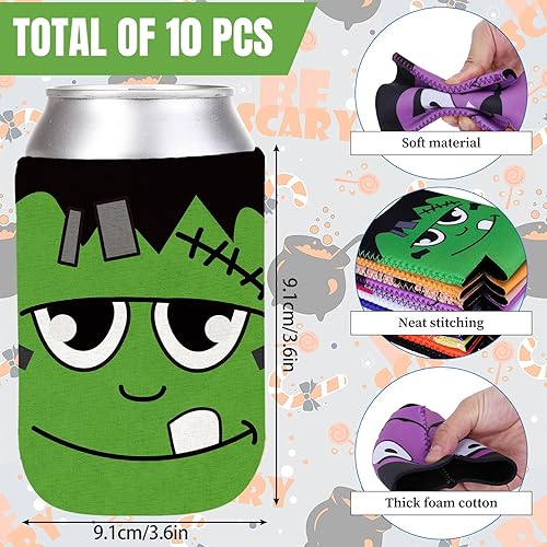 Miniatura 2 de Whaline 10 fundas para latas de Halloween, calabaza, murciélago, fantasma, gato negro, fundas reutilizables para Halloween, lindas expresiones,