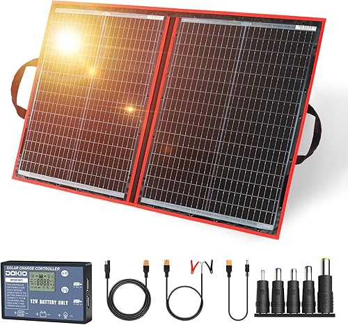 Vista 12 de DOKIO - Kit de panel solar plegable portátil de 150 W, diseño compacto de 53x51 cm, 3.2 kg con controlador independiente y USB, cargador