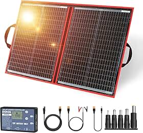 DOKIO 110W 18V Kit de painel solar portátil Carregador solar dobrável com 2 saídas USB para 12v Baterias/Estação de energia AGM LiFePo4 RV Camping Trailer Car Marine