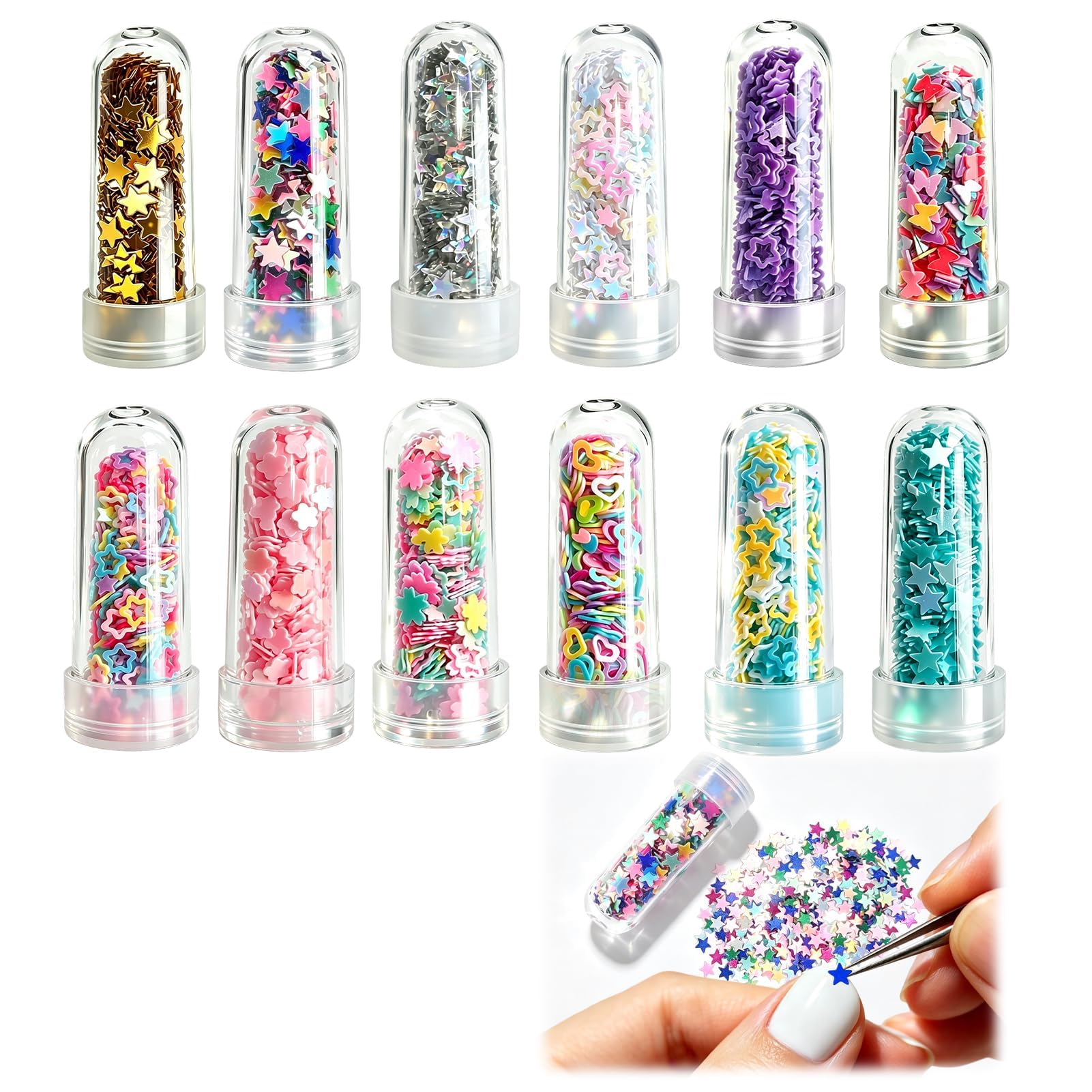 Craft Glitter 12 Tubes, Sequins for Crafts, Chunky Glitter Set with Stars Hearts Butterfly Cherry Blossom Shapes, DIY Art Craft Embellishments, Glitter for Slime Resin Nail Art Bath Bombs Card Making