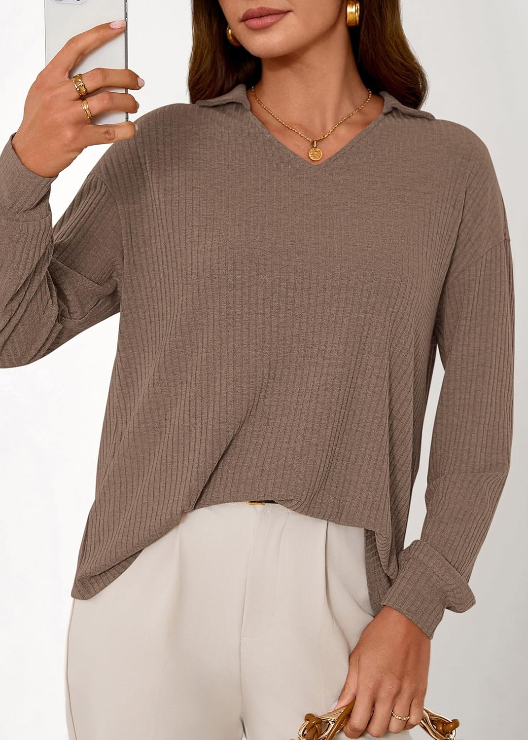 KIRUNDO Long Sleeve Shirts for Women 2025 Fall Fashion Outfits Going Out Tops Collar V Neck Blouses Ribbed Knit Loose Tunic - Image 7