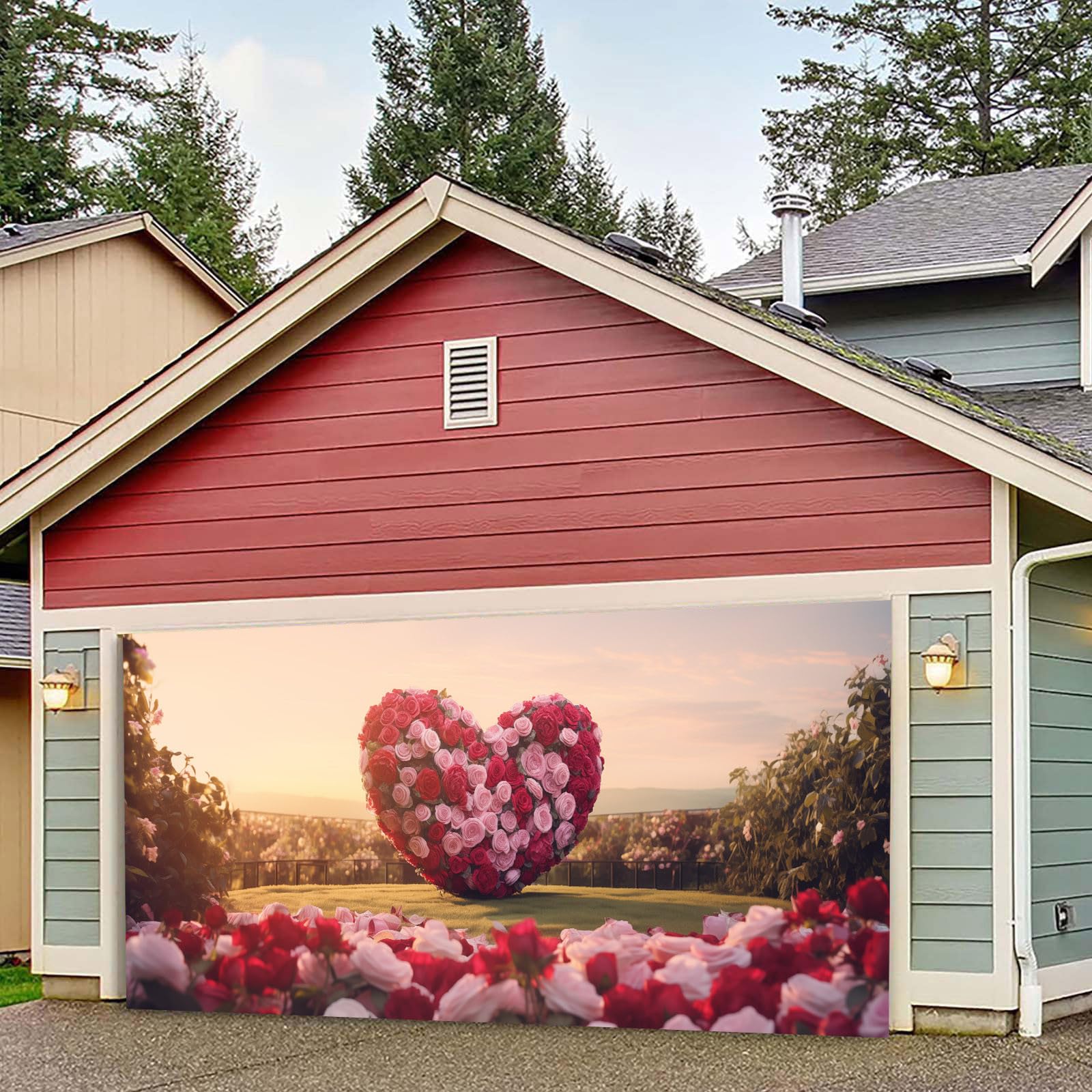 FRJINIE Happy Valentine's Day Garage Door Banner, 7 x 16 ft Romantic Love Garage Door Banner, Large Pink Rose Backdrop Decoration for Wedding