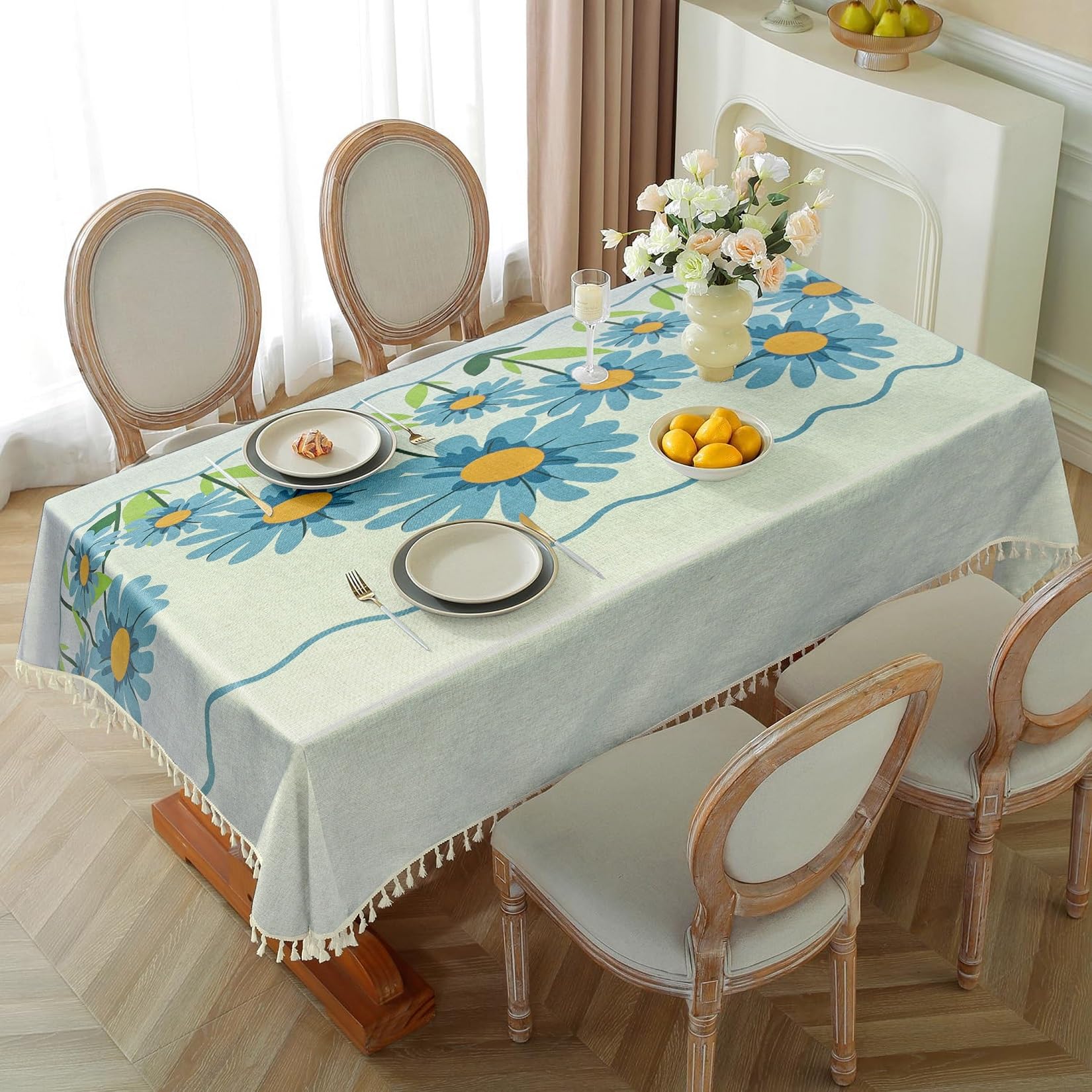 Cortina Tablecloth for Dining Table Waterproof Table Cover, Cotton Linen Fabric Rectangle Tablecloth,150L x 120W Centimeters (White & Blue, 6 Seater)-image-32