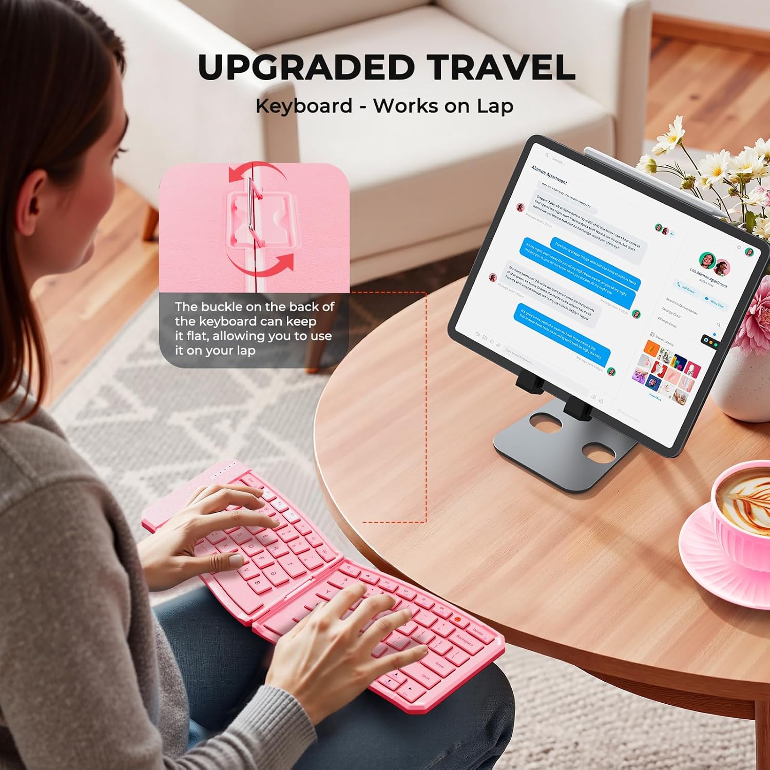 MEETION Ergonomic Foldable Bluetooth Keyboard, Split Compact Portable Keyboard for Business Travel, Ultra-Thin Folding Rechargeable Wireless Keyboards for iOS Android Windows Mac Tablet PC, Pink
