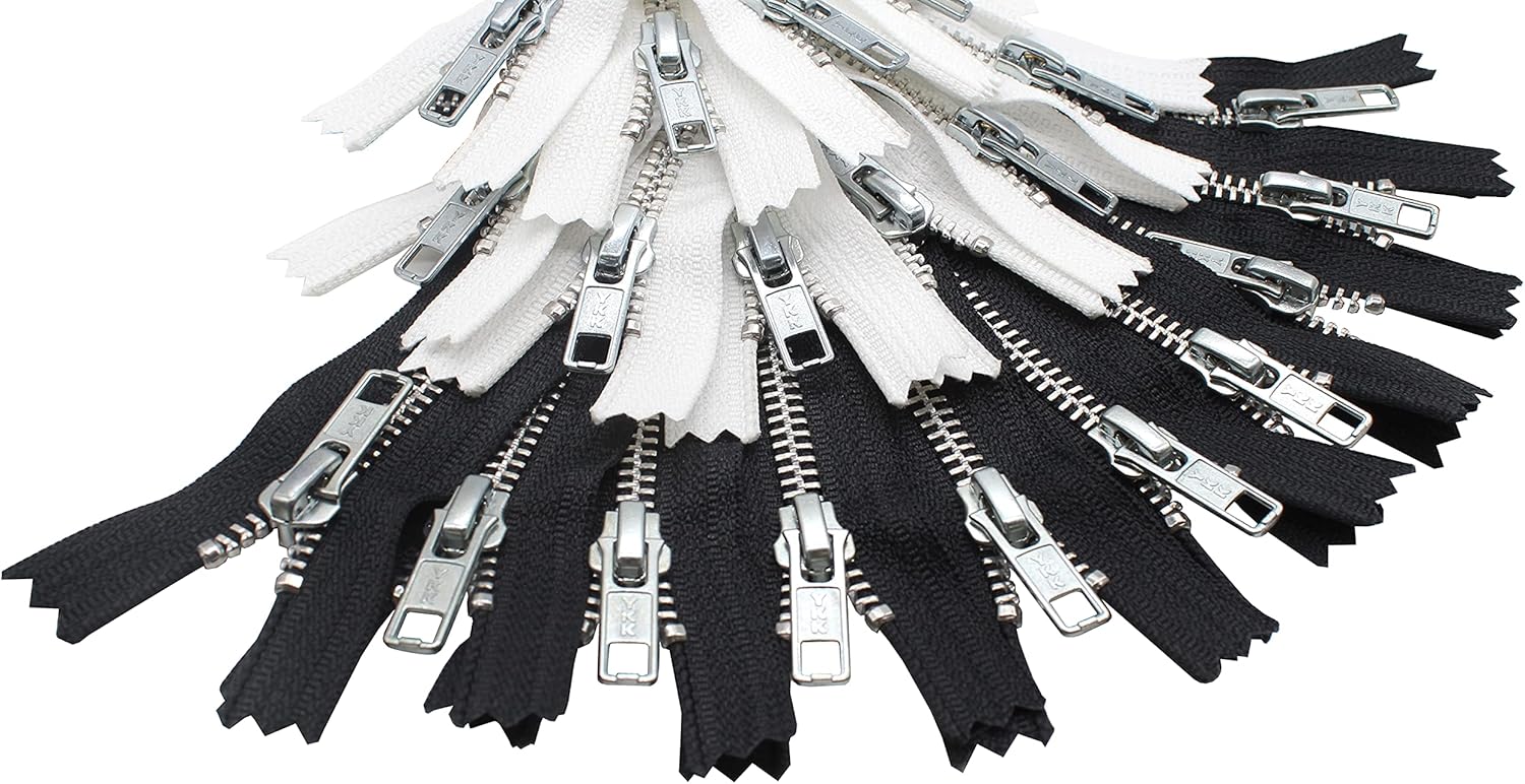 YKK #5 Black and White Metal Closed Bottom Zippers - 20 Zippers Per Pack - Choose Finish (10" Inches, Antique Brass)