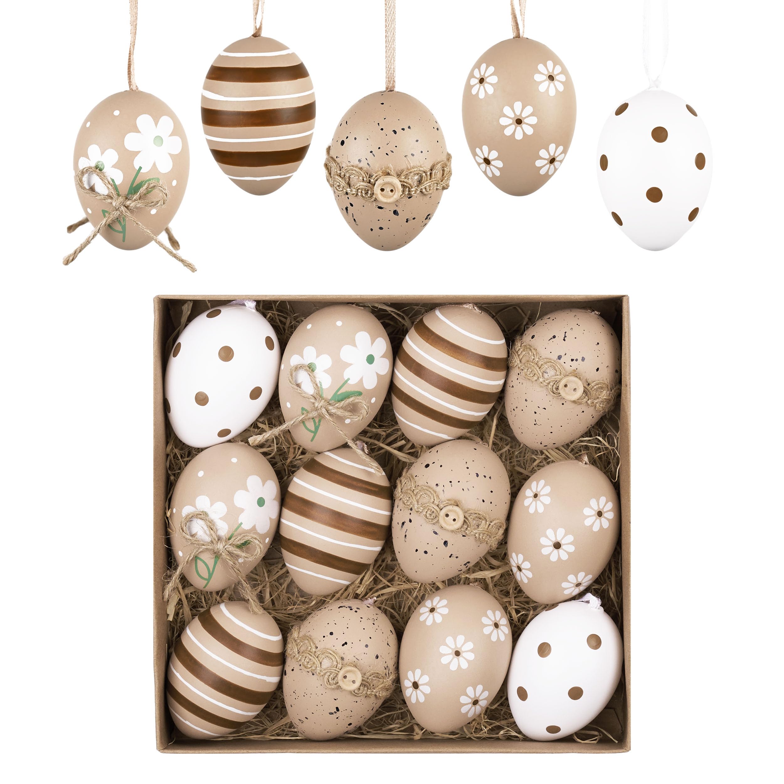 Valery Madelyn 12Pcs Plastic Easter Eggs Ornaments Tree Decoration, 2" Neutral Beige White Easter Eggs Bulk, Shatterproof Decorative Hanging Decorations for Spring Holiday Party Decor