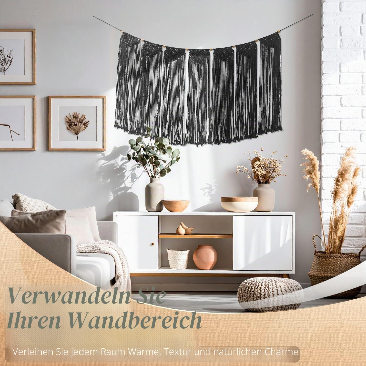 Flexzion Makramee Wandbehang 120 x 72 cm, Woven Wanddeko Boho Deko Wandteppich Vorhang Baumwolle Gewebte, Große Böhmische Tapisserie Wohndekorationen für Hochzeit Schlafzimmer Wohnzimmer - Schwarz|