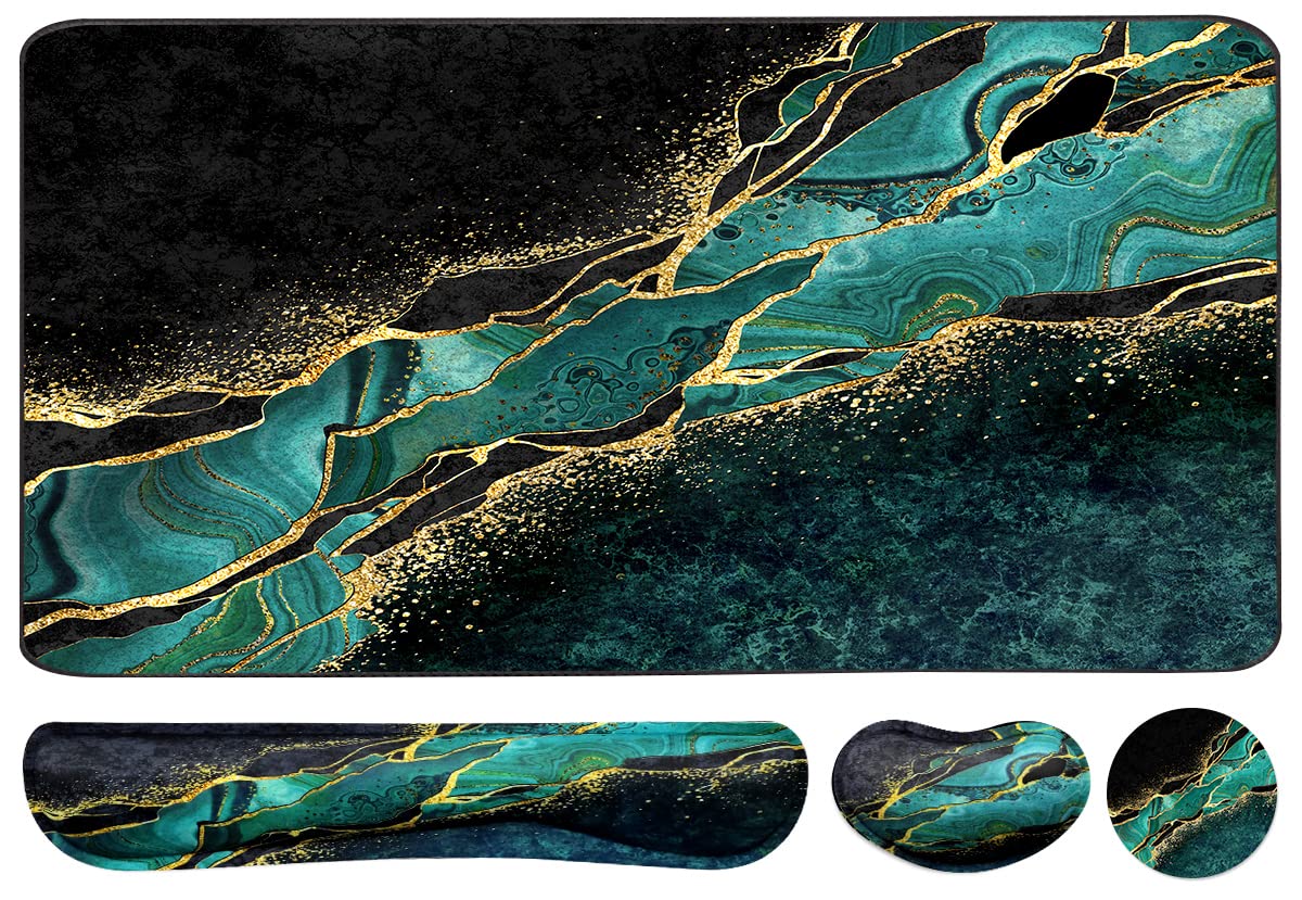 WB WEIRDBEASTKeyboard Mouse Pad Set, Extended Mouse Pad+Keyboard Wrist Rest Support, Memory Foam Ergonomic Easy Typing, 3Pcs (35.4×15.7 in) Desk Pad Set for Home Office Study Game - Malachite Marble