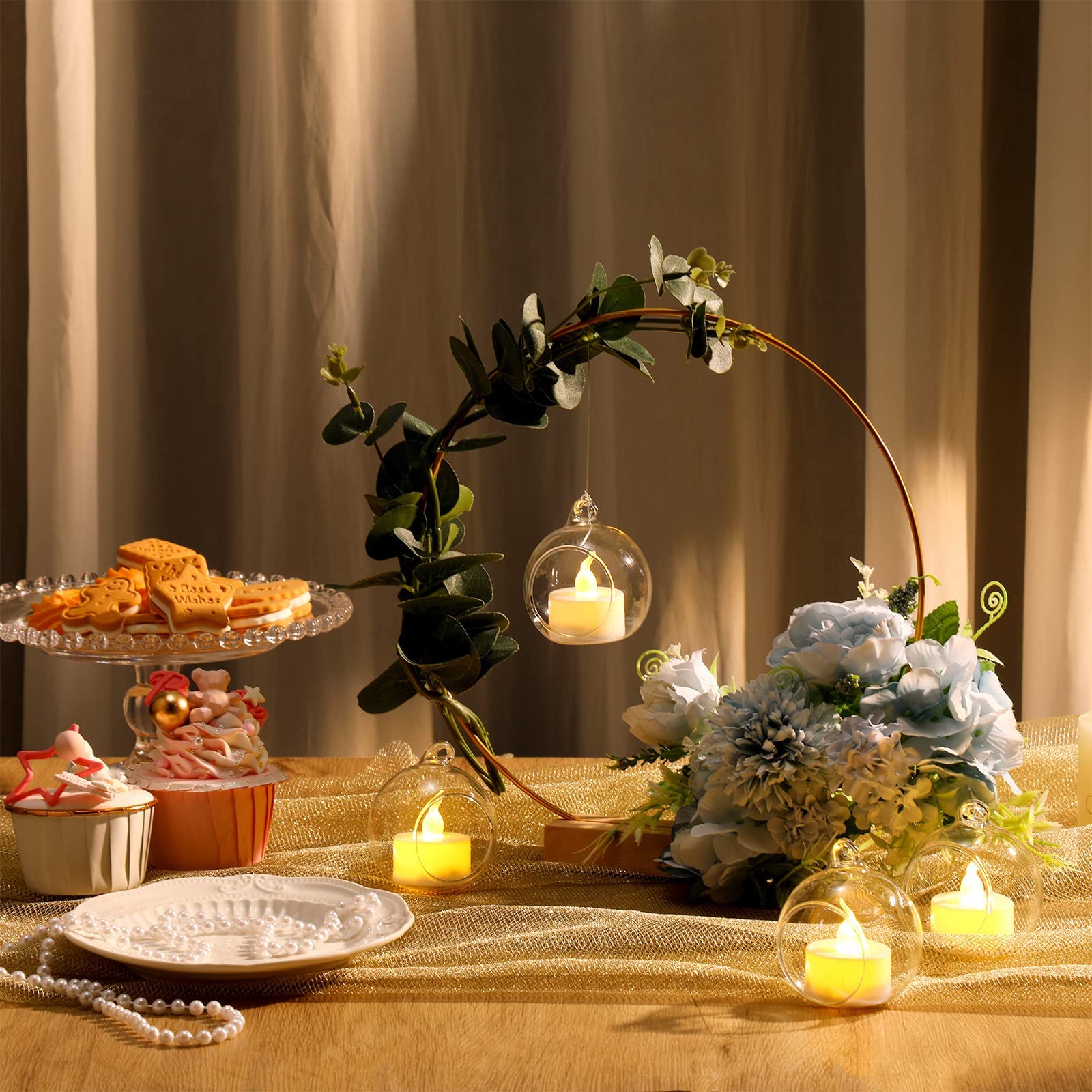 10 aros redondos de flores de metal de 30 cm con 10 soportes hexagonales de madera, anillos decorativos de metal dorado con soporte de madera, para manualidades, bodas, decoración de mesa y
