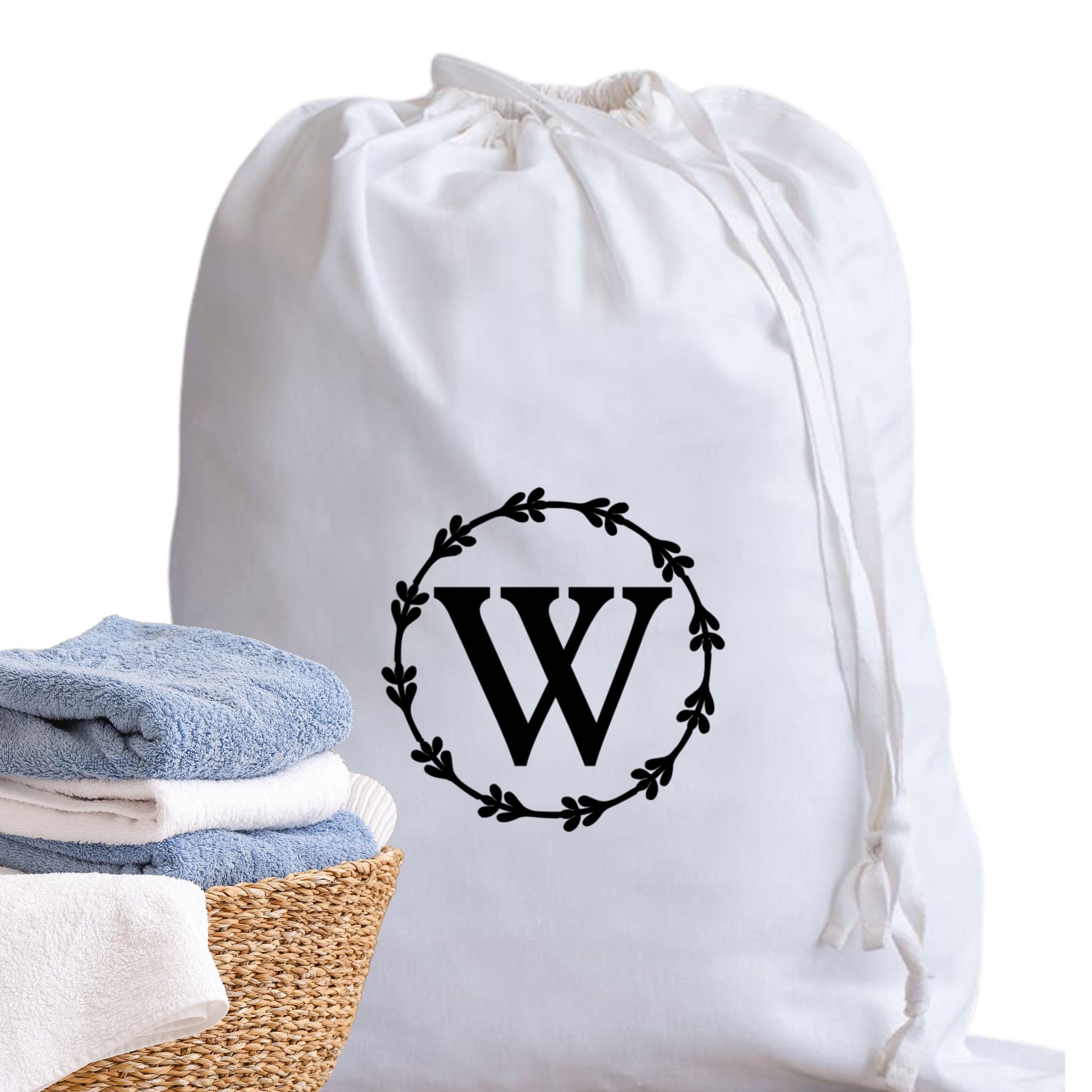 A-Z Cotton Laundry Bag Personalised Initial Gifts - Holiday Essentials Bathroom Accessory Dry Bag Drawstring Bags for Travel Camping University Essentials Personalised Gift Monogram W
