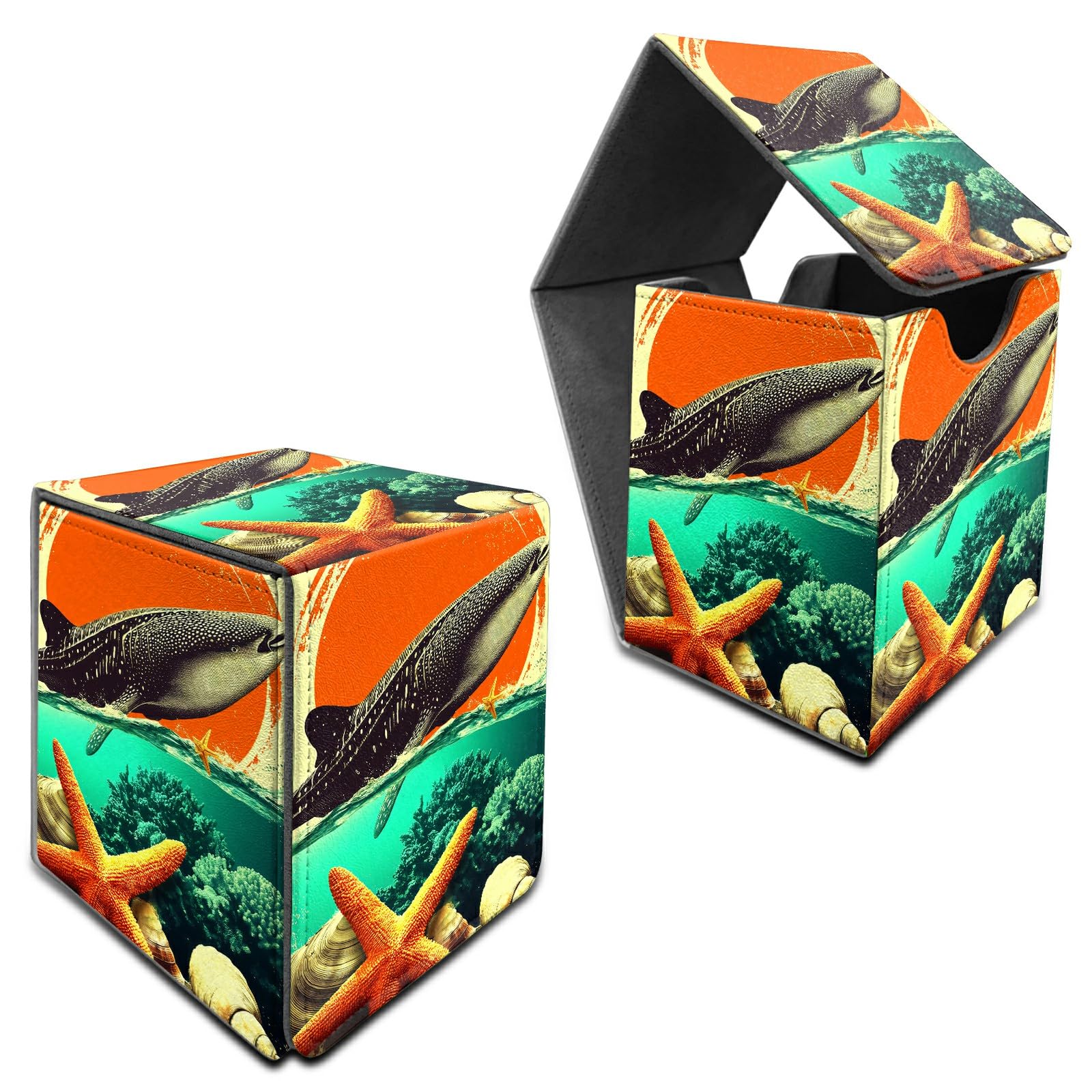 RWUTYTIUL for MTG Commander Deck Box, Storage Box Fits 100+ Sleeved Cards, Leather Strong Magnet Card Deck Case Holder for Board Game Magic MTG TCG CCG Sports Baseball, Whale Sunset Starfish — image 1