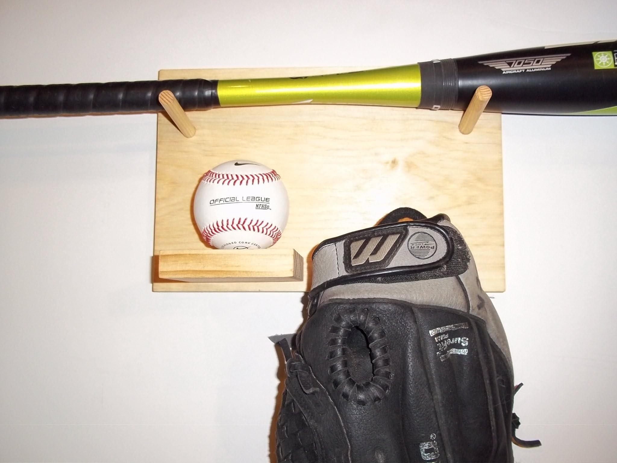 Full Size Baseball Bat Ball Glove Combination Rack Display Case Natural Finish Wall Mount Holder