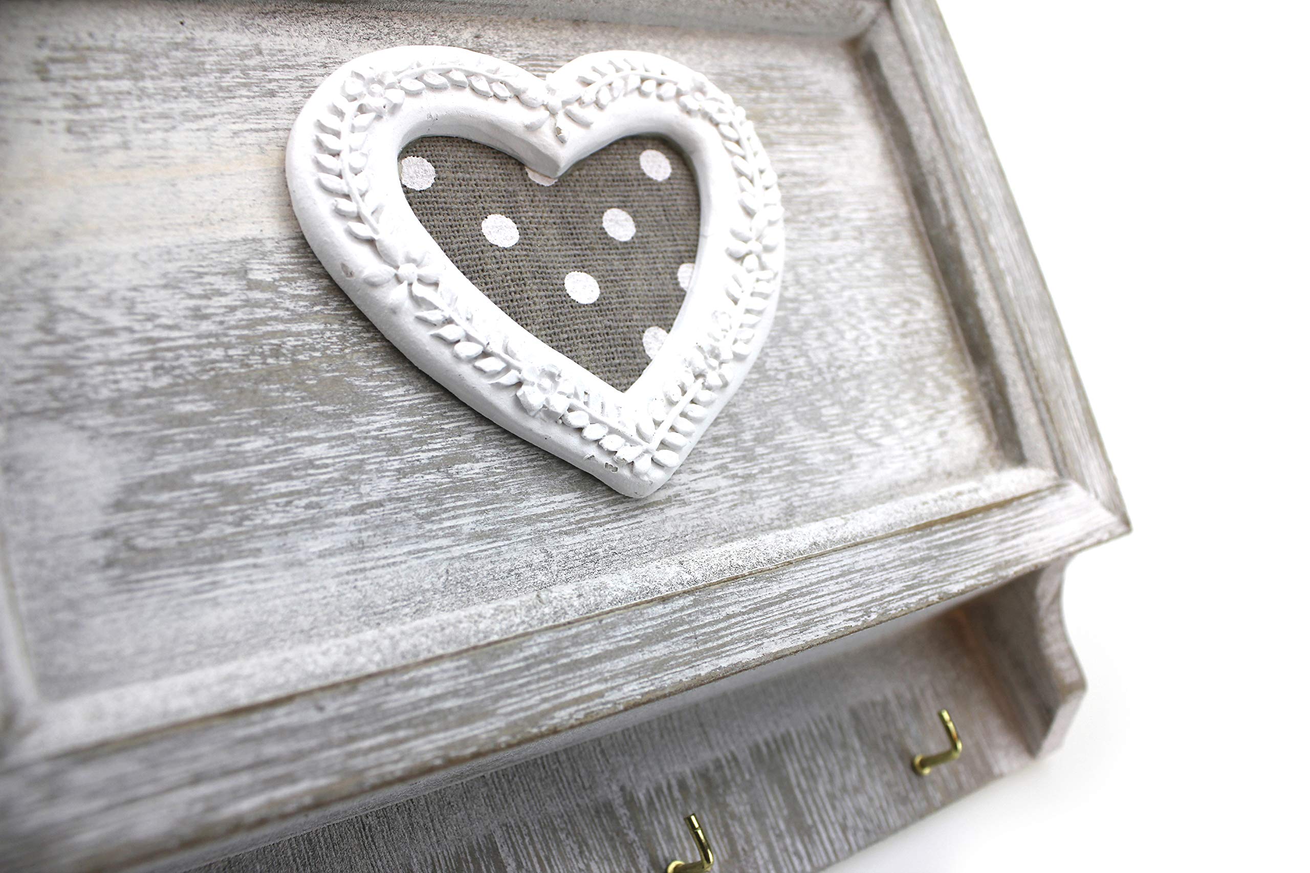 Kartenhalter Postablage mit Schlüsselbrett Haken für Schlüssel 17x24 cm, Holz Shabby Grau Weiß mit Herz Landhaus Vintage Briefablage Briefhalter