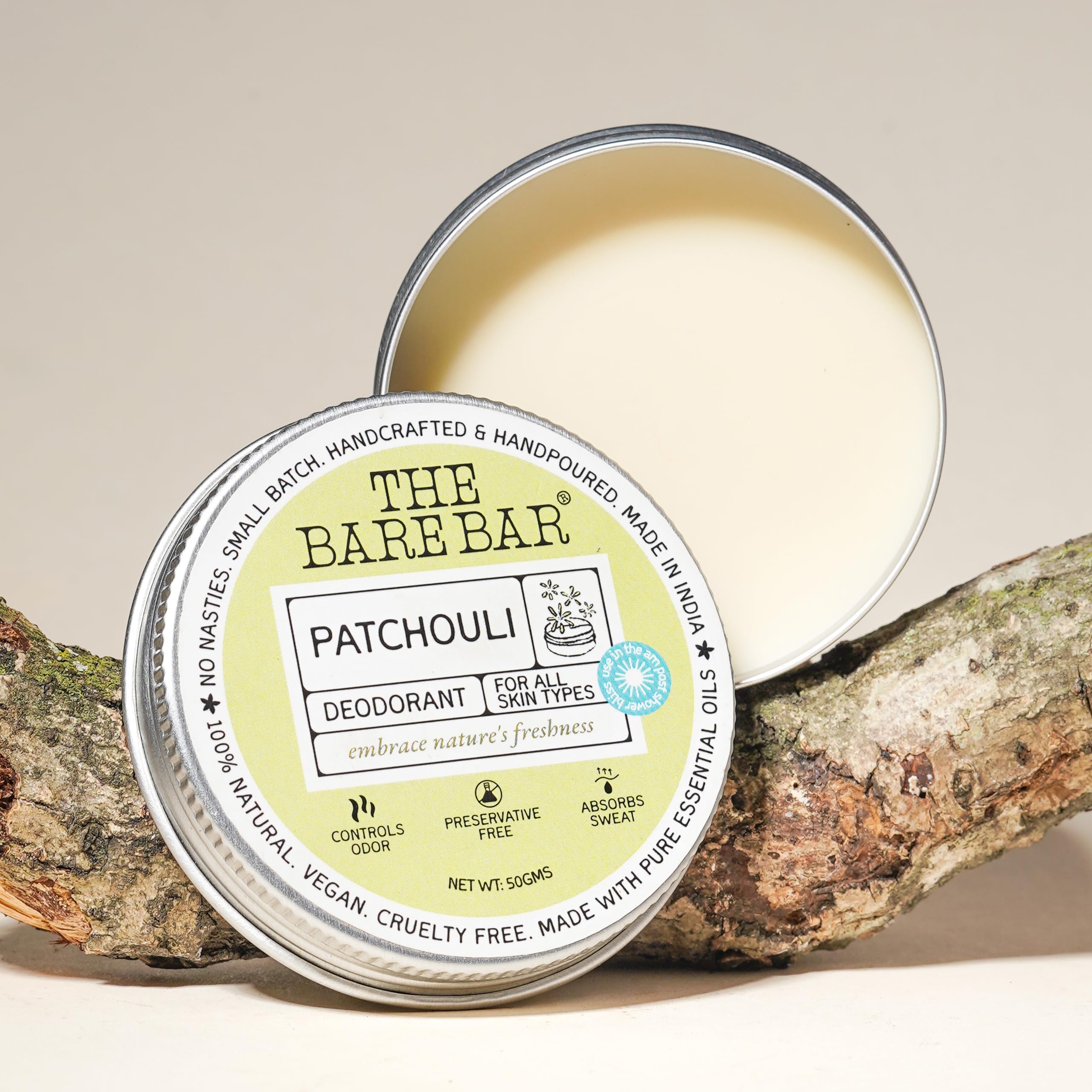 Patchouli Deodorant - 50 gm | Earthy Fragrance| Odor & Sweat Control |Gentle, Natural formula and Chemical free|Good for all skin types|Travel Mini Size Solid Deodorant for Men & Women