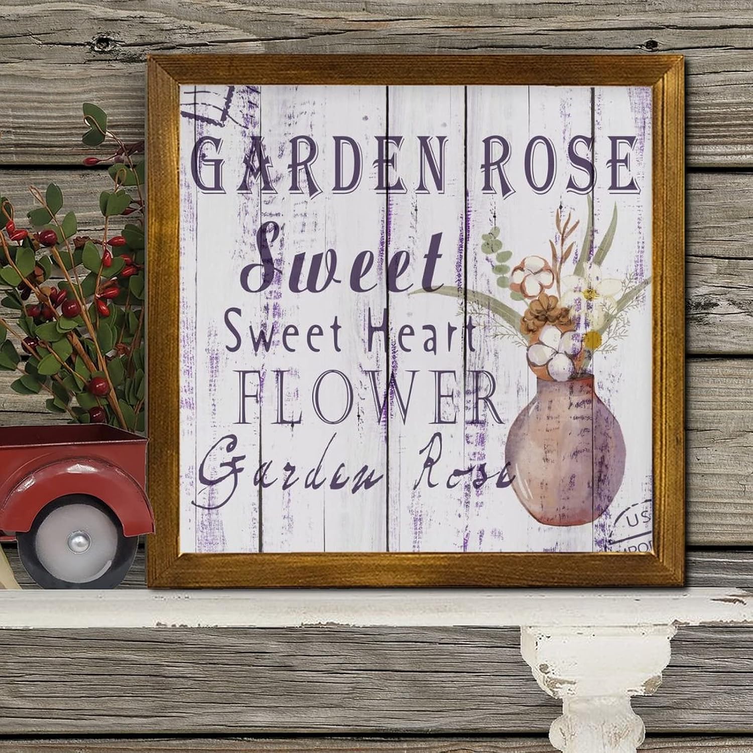 Garden Rose Sweet Heart Framed Wood Sign Vintage French Lavender Flower Wood Sign Plaque Retro Garden Floral Wall Art Home Decor for Living Room Bedroom Front Door Office 12x12 inch